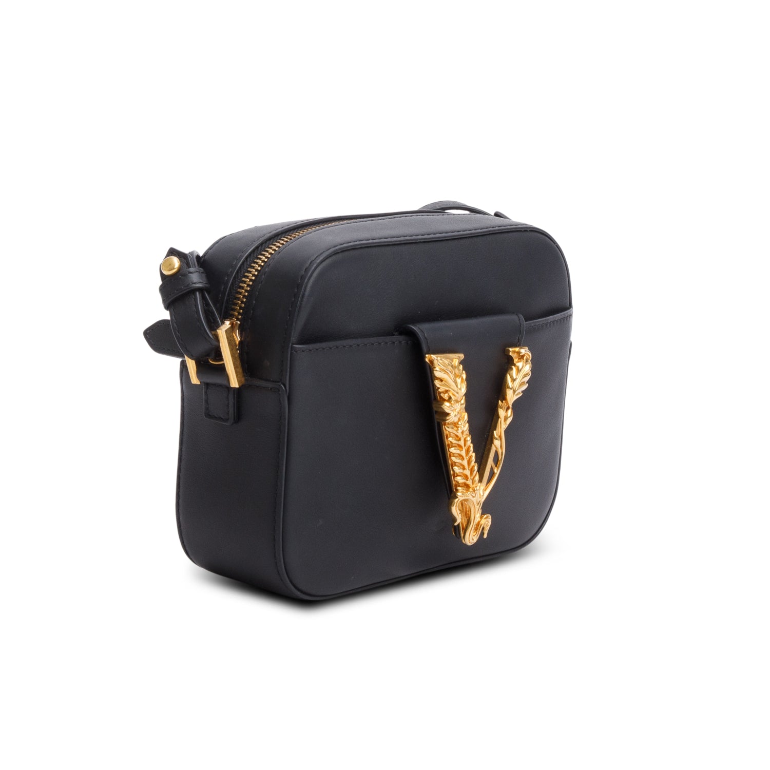 Versace Black Calfskin Leather Virtus Camera Bag