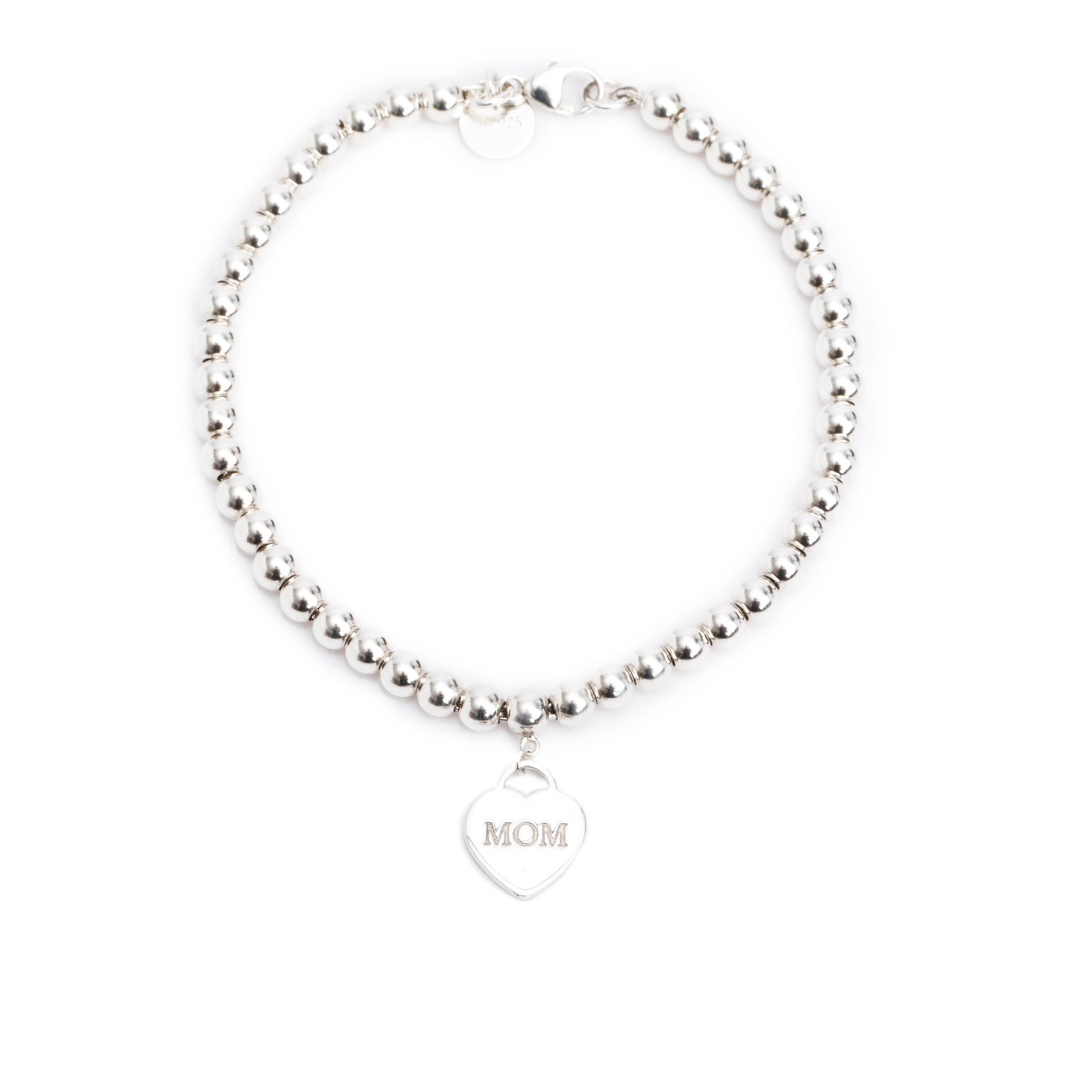 Tiffany & Co. Sterling Silver 'Mom' Mini Heart Tag 4 MM Bead Bracelet