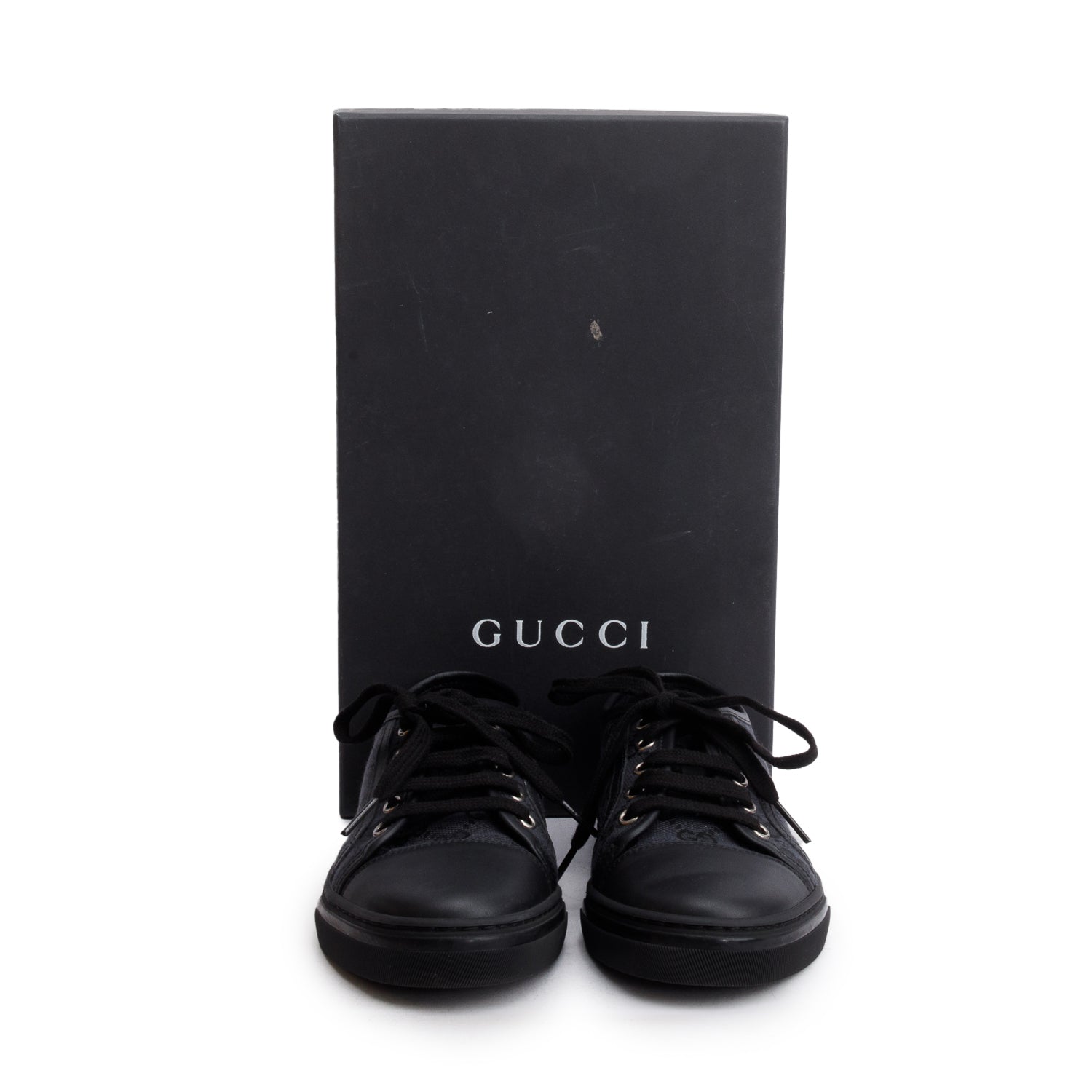 Gucci Black GG Monogram Calfskin Low Top Sneakers, Size 36 w/ Box