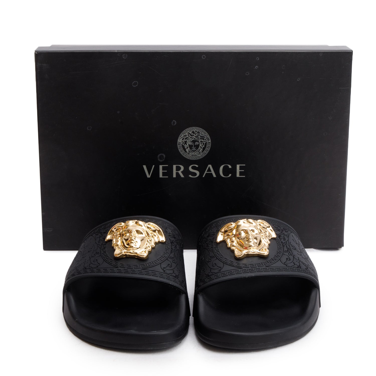 Versace Black Rubber Medusa Palazzo Pool Slides, Size 39 w/ Box