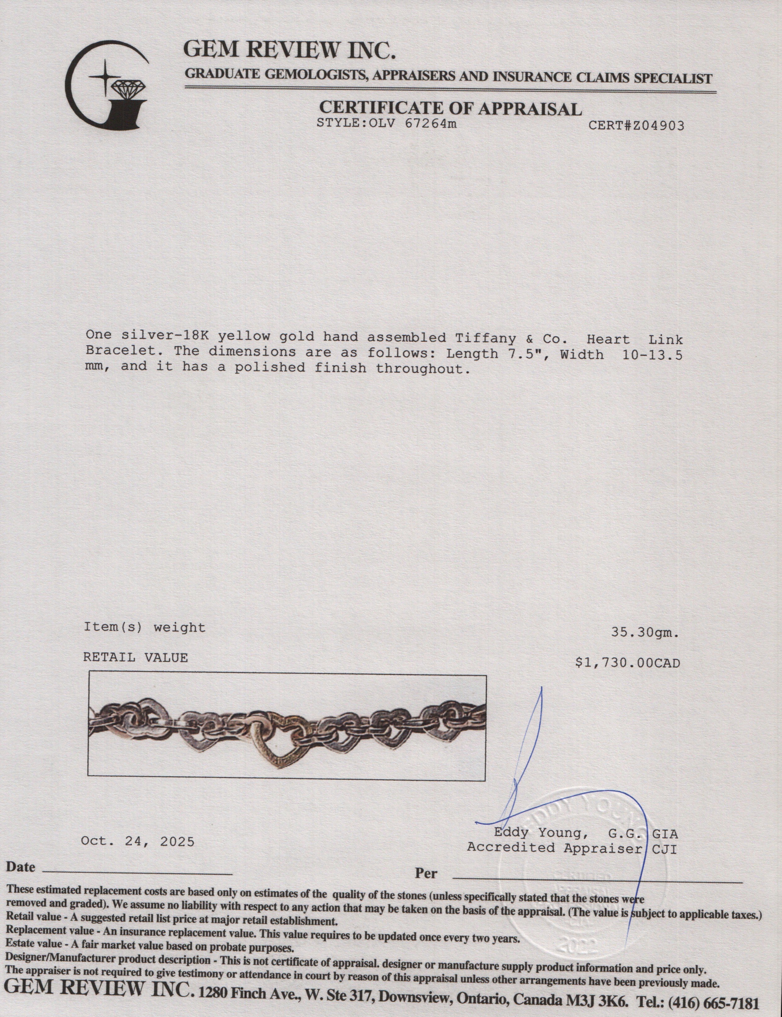 Tiffany & Co. Sterling Silver & 18k Yellow Gold Heart Link Bracelet