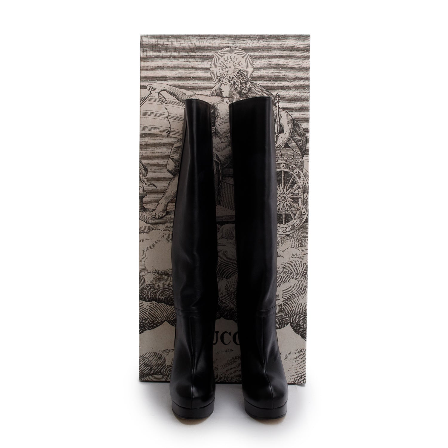 Gucci Black Leather Charlotte Knee-High Heeled Boots, Size 37.5 w/ Box