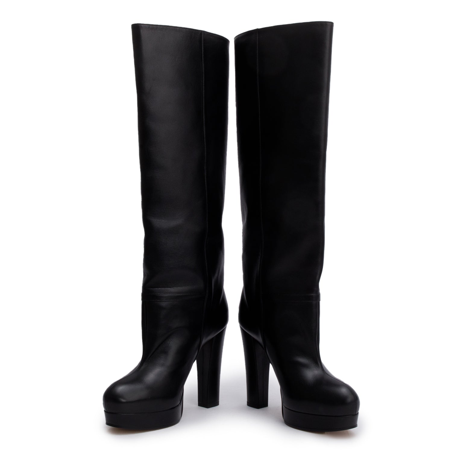 Gucci Black Leather Charlotte Knee-High Heeled Boots, Size 37.5 w/ Box