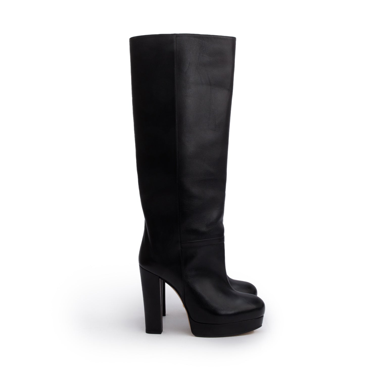 Gucci Black Leather Charlotte Knee-High Heeled Boots, Size 37.5 w/ Box