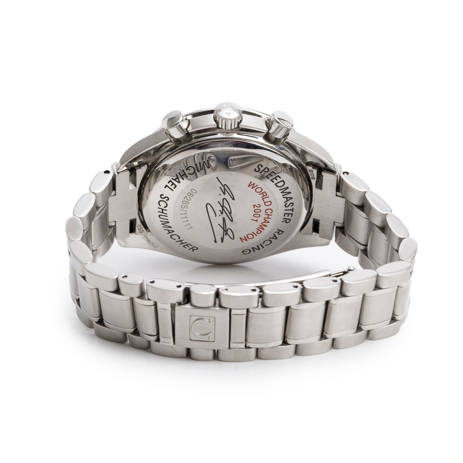 Omega Limited Edition Stainless Steel Schumacher Speedmaster 39 MM Automatic Chronograph Watch Black Carbon Dial