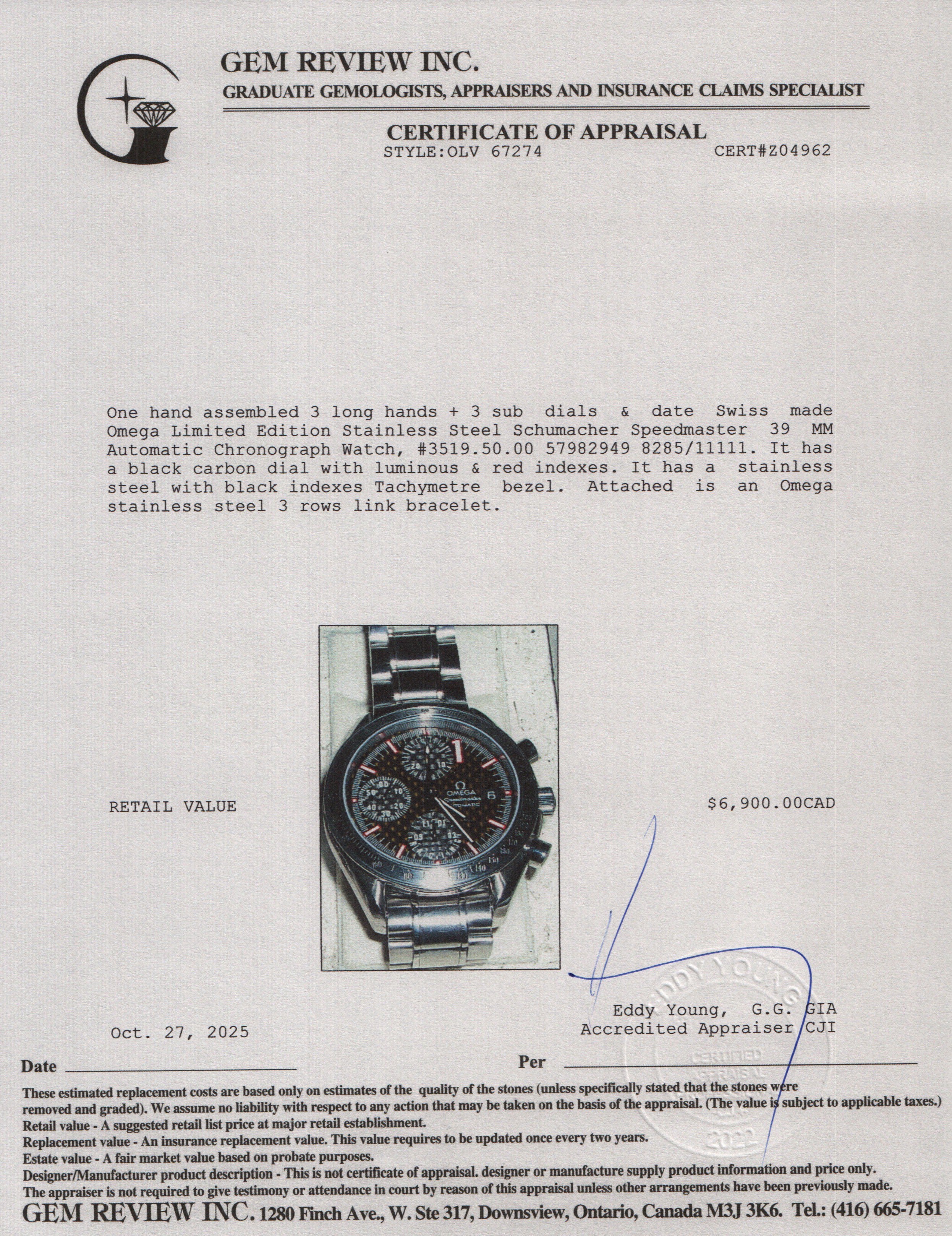 Omega Limited Edition Stainless Steel Schumacher Speedmaster 39 MM Automatic Chronograph Watch Black Carbon Dial