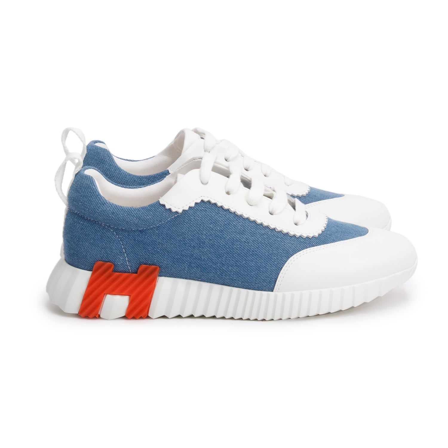 Hermes Blue Denim White Calfskin Bouncing Sneakers, Size 37