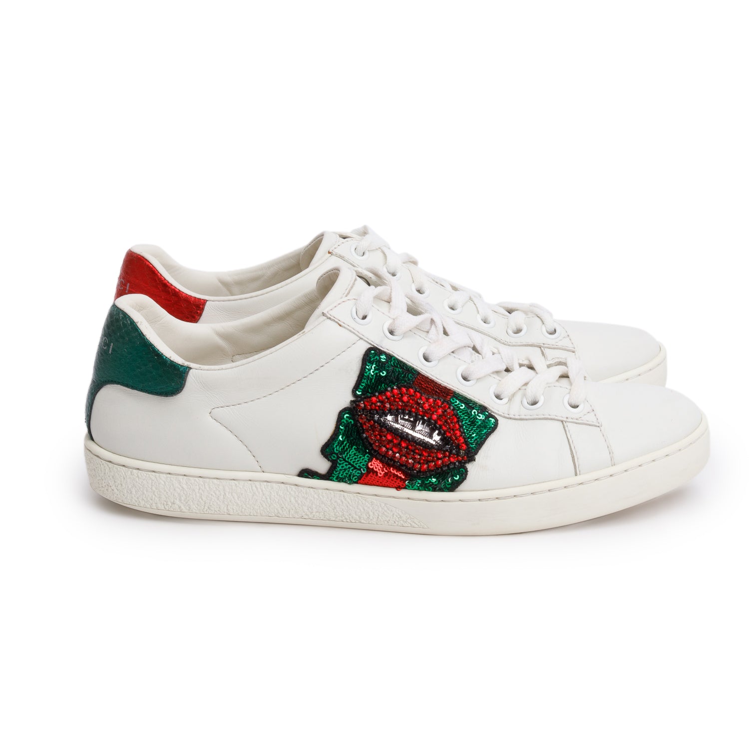 Gucci White Leather Ace Low Lips Sequins Sneakers, Size 37.5