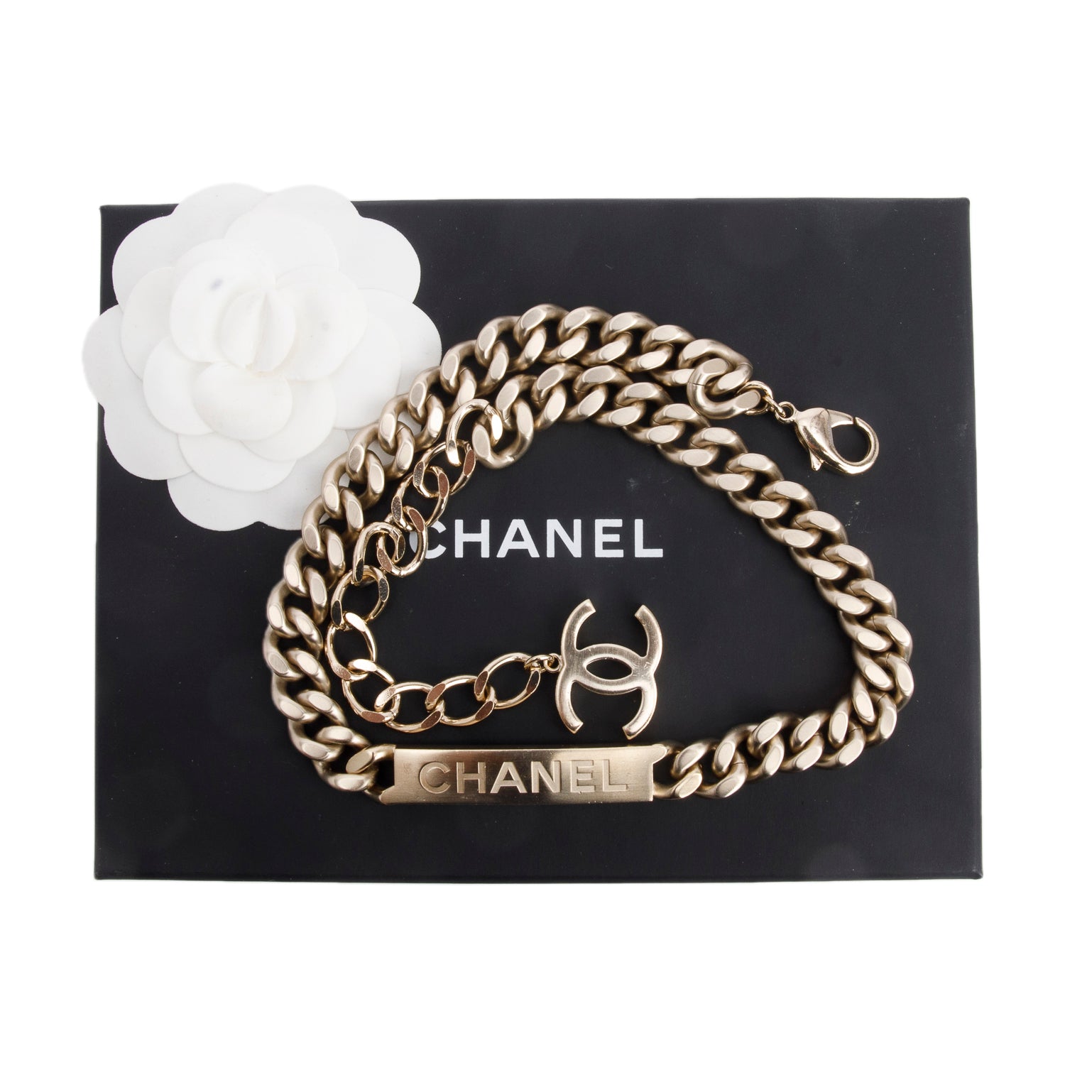 Chanel Gold-Plated ID Curb Chain Necklace w/ Box