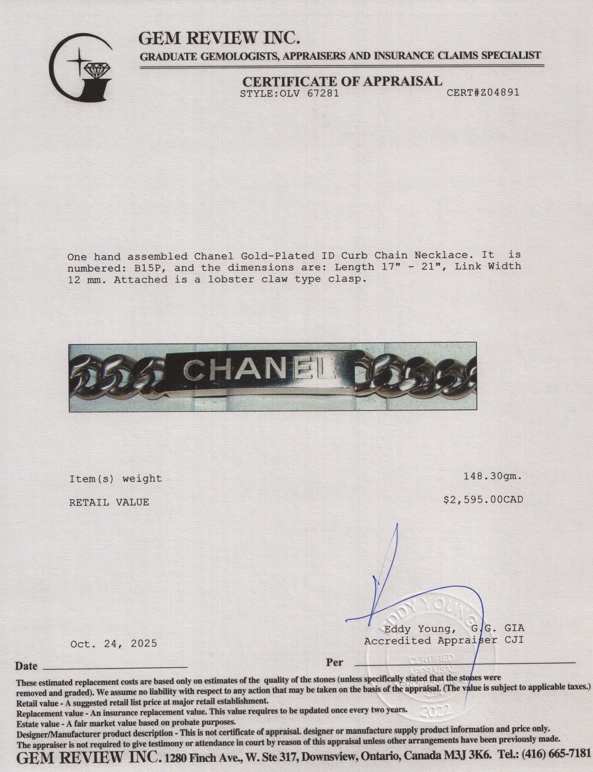 Chanel Gold-Plated ID Curb Chain Necklace w/ Box