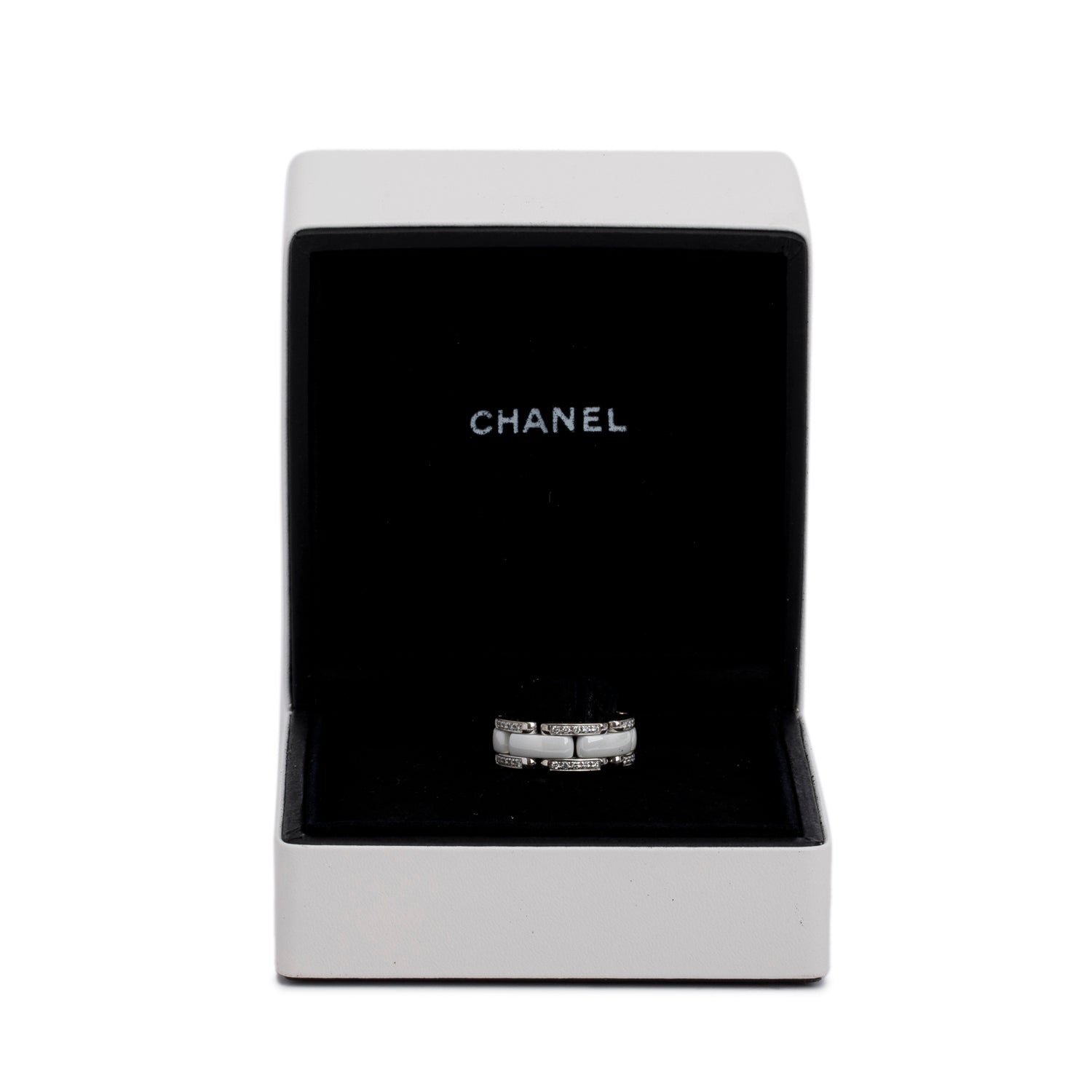 Chanel 18k White Gold & Diamond White Ceramic Ultra Ring, Size 5 w/ Box
