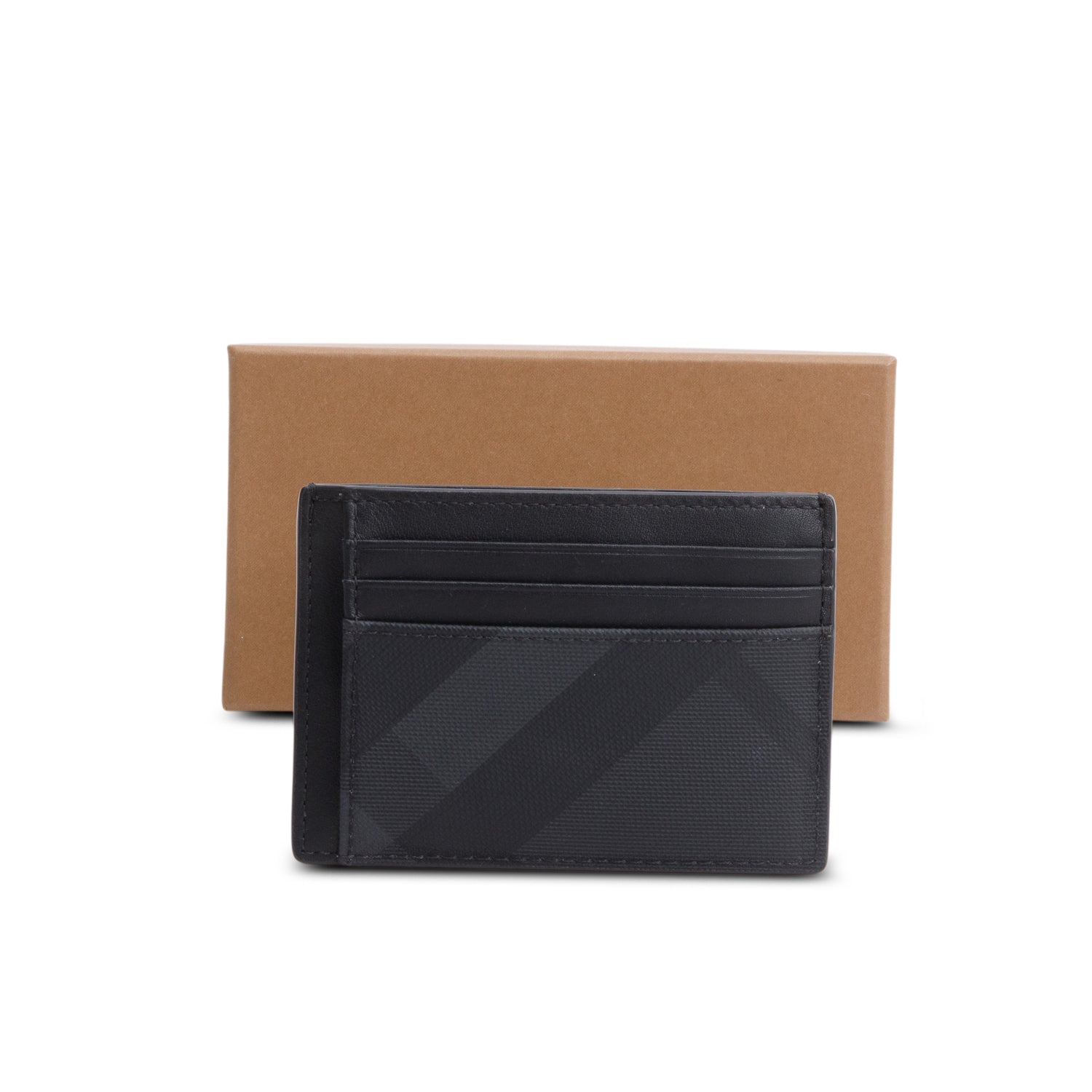 Burberry Black Leather Chase London Check Card Case w/ Box
