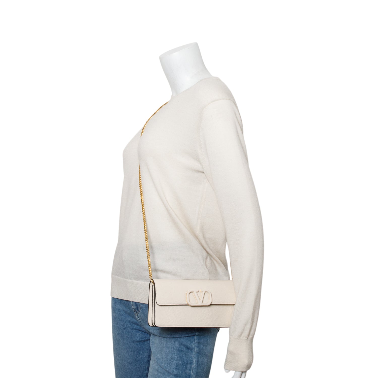 Valentino Cream VLogo Signature Wallet on Chain w/ Box