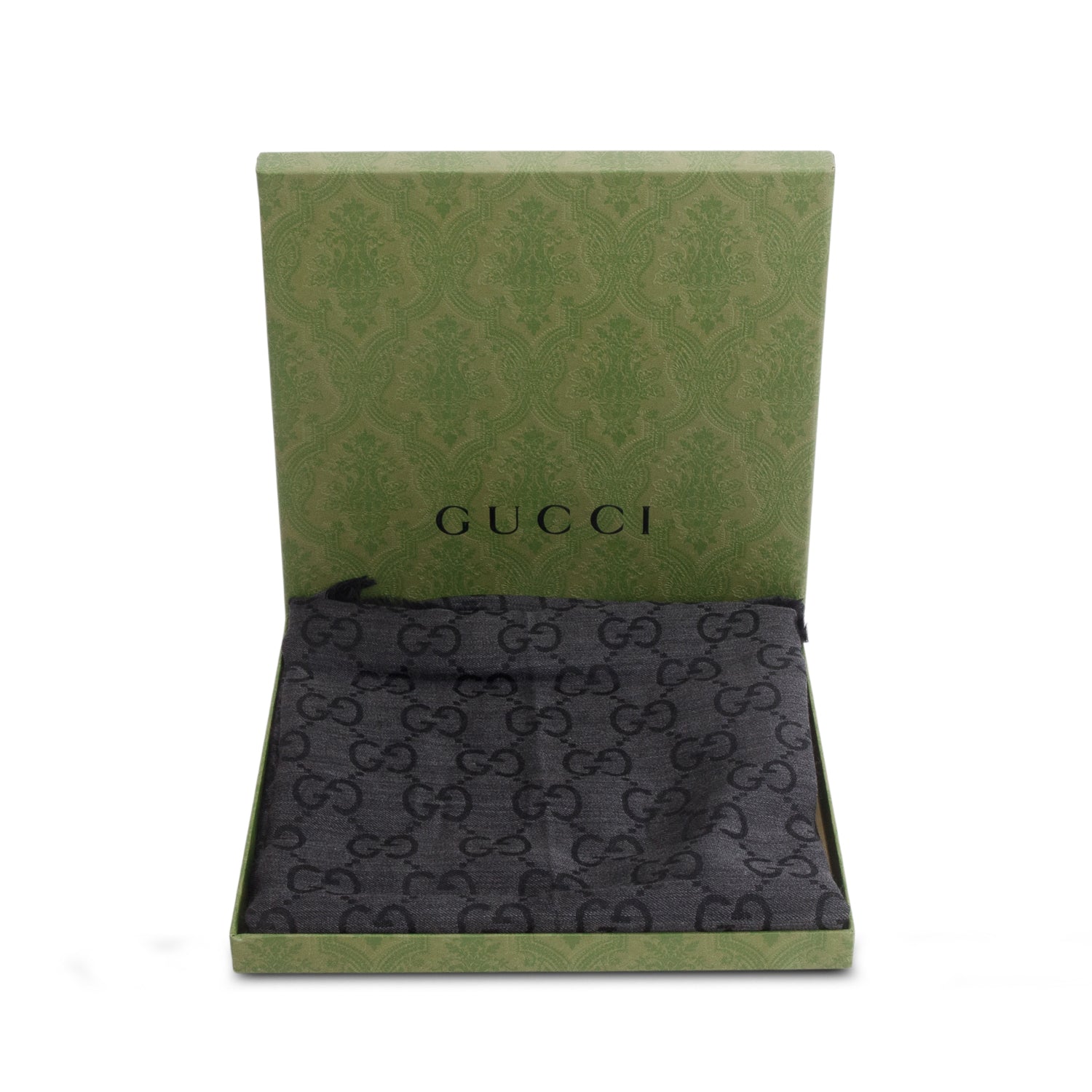 Gucci Black/Grey Wool Jacquard Monogram Reversible Scarf w/ Box