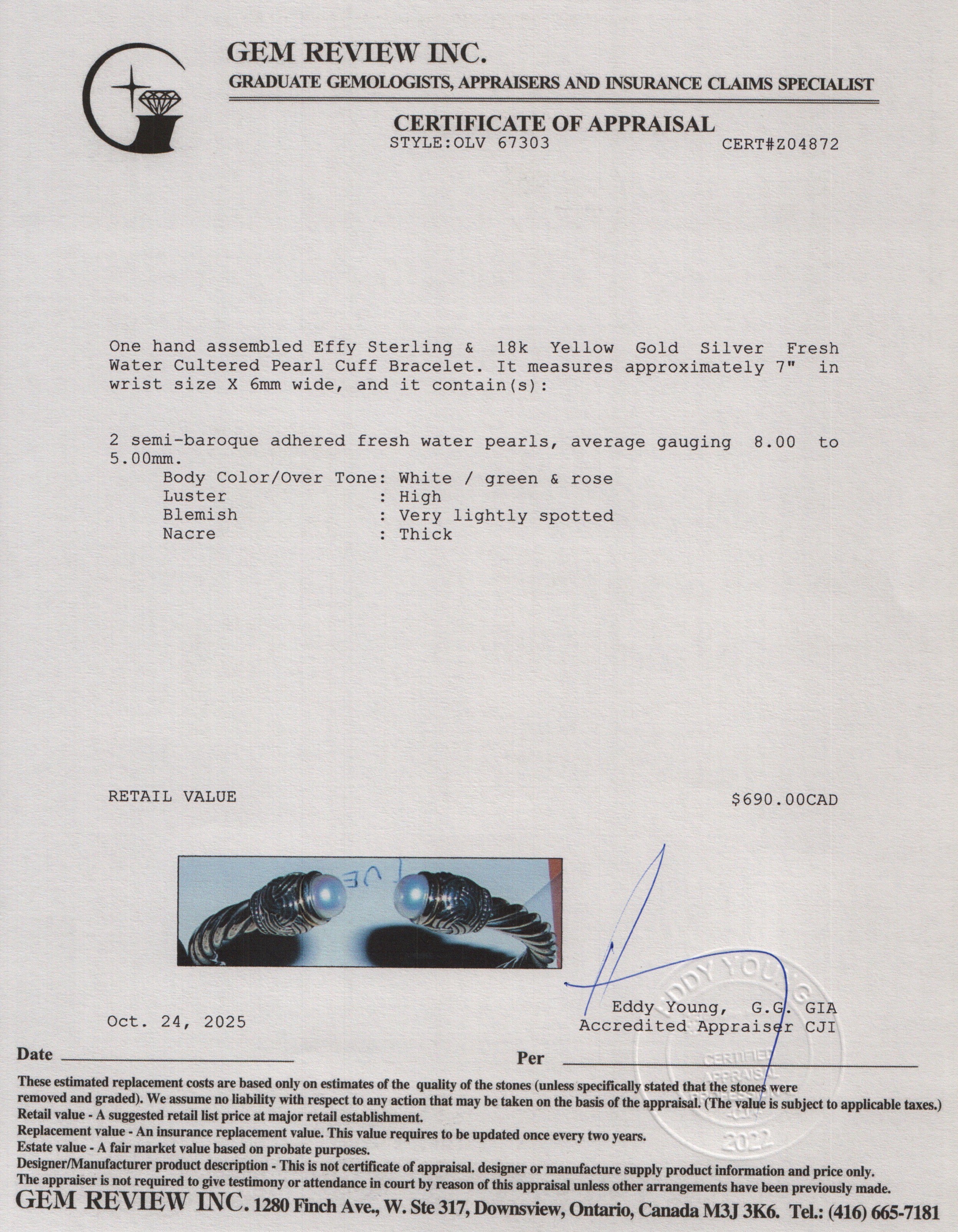 Effy Sterling & 18k Yellow Gold Silver Fresh Water Cultered Pearl Cuff Bracelet