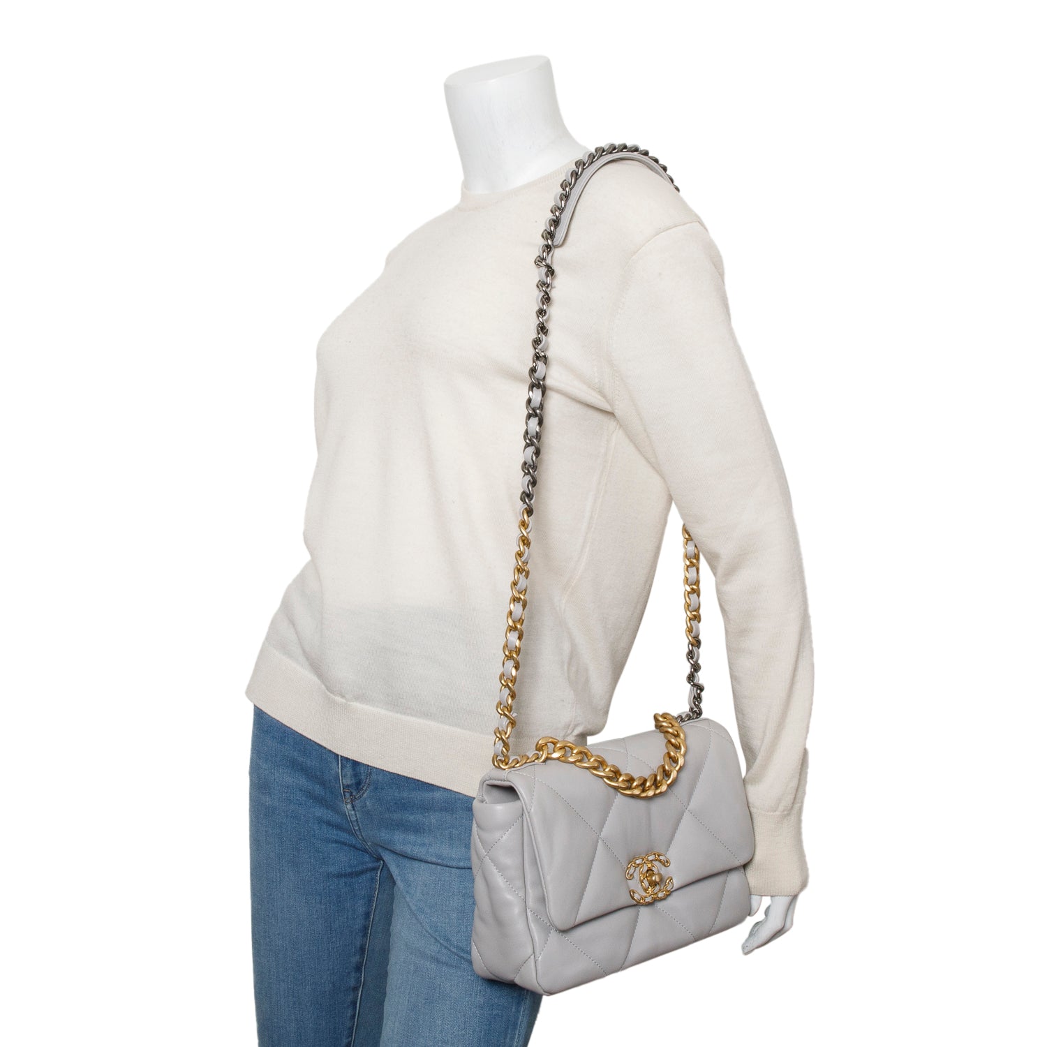 Chanel Grey Lambskin Leather Medium 19 Flap Bag w/ Box