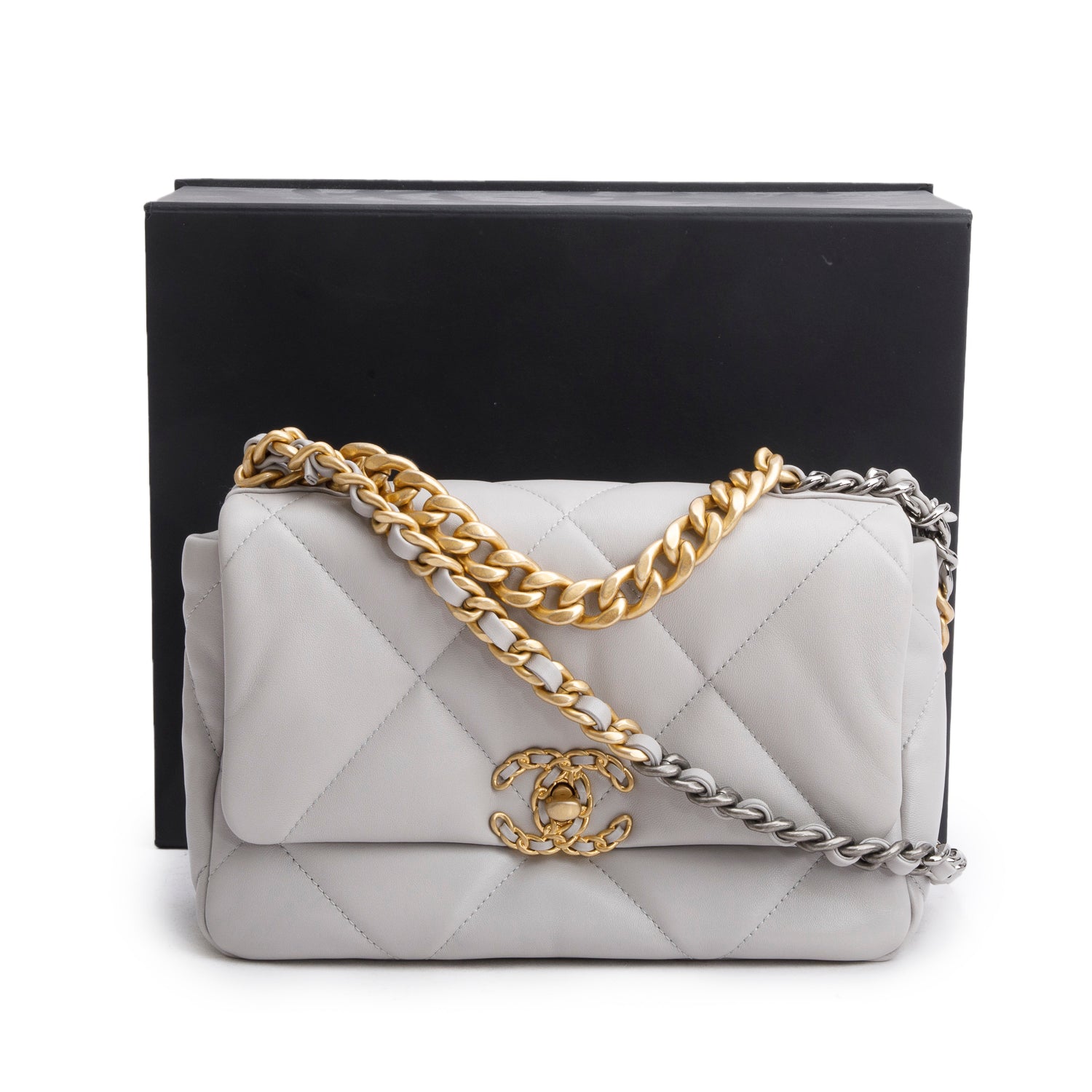 Chanel Grey Lambskin Leather Medium 19 Flap Bag w/ Box