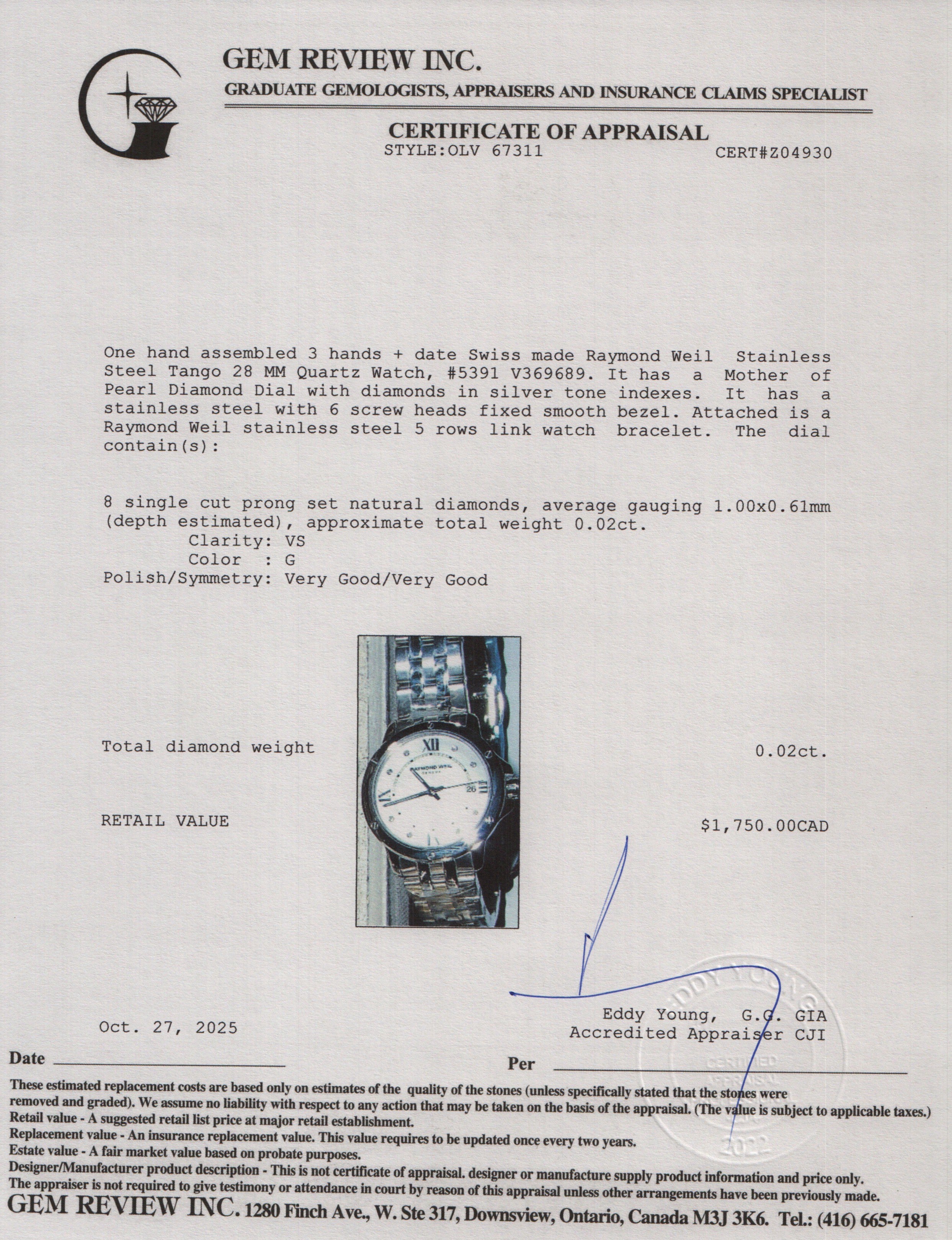 Raymond Weil Stainless Steel Tango 28 MM Quartz Watch Mother of Pearl Diamond Dial 5391 w/ Box & Papers