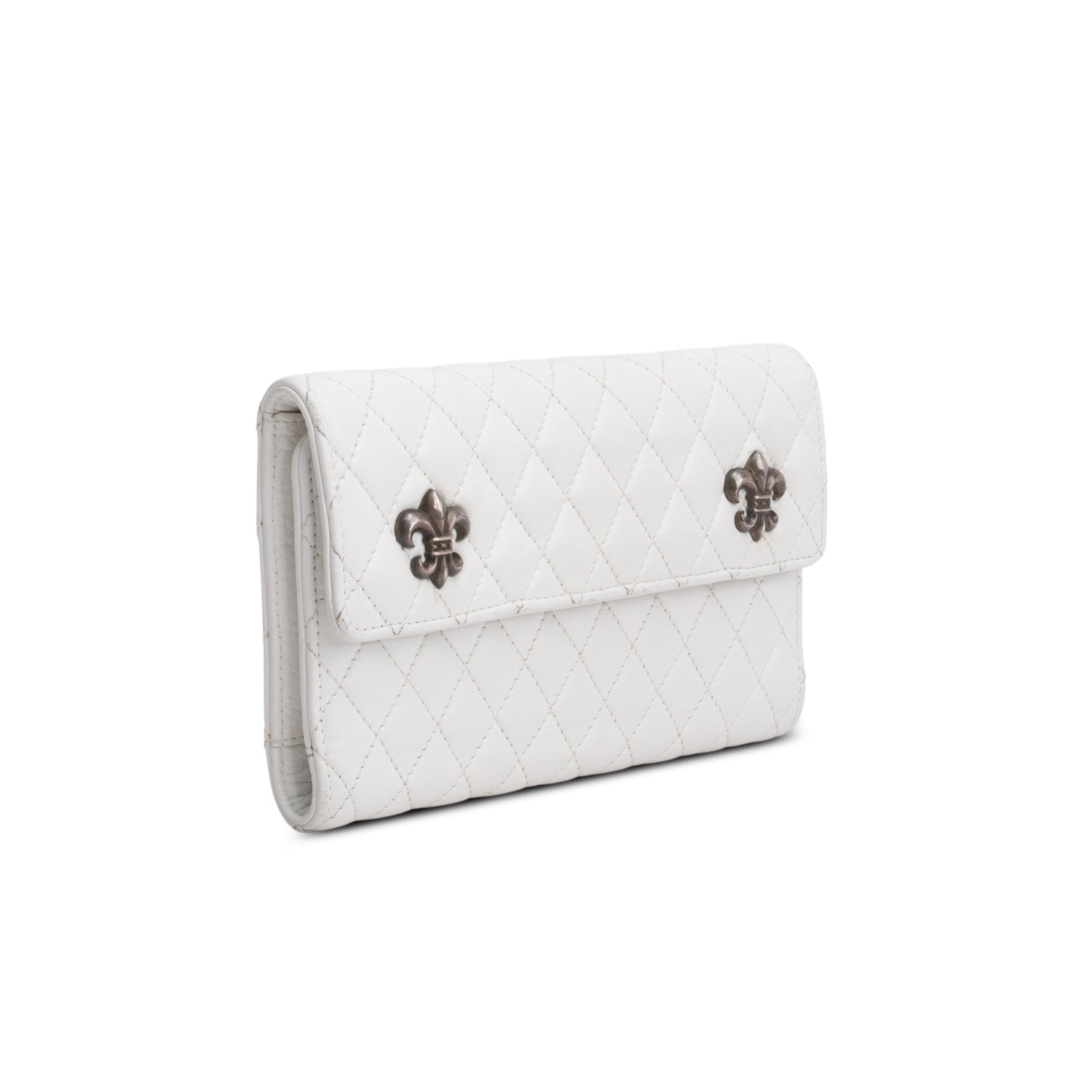 Chrome Hearts White Quilted Lambskin Leather Fleur de Lis Clutch