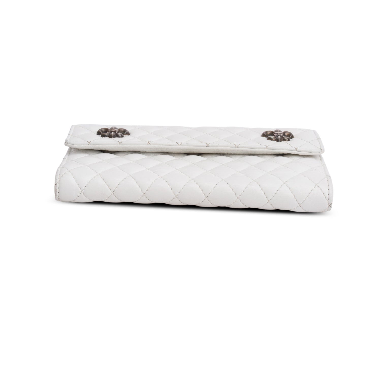 Chrome Hearts White Quilted Lambskin Leather Fleur de Lis Clutch