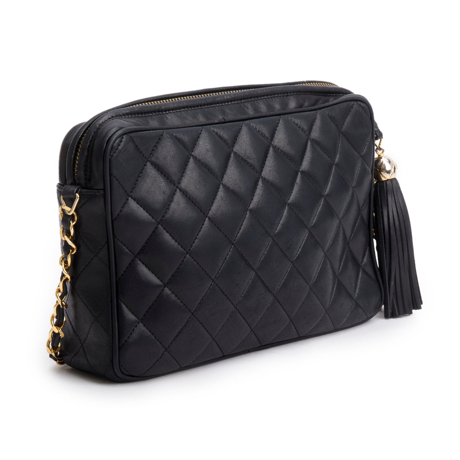 Chanel Vintage Black Quilted Lambskin Leather CC Tassel Camera Bag