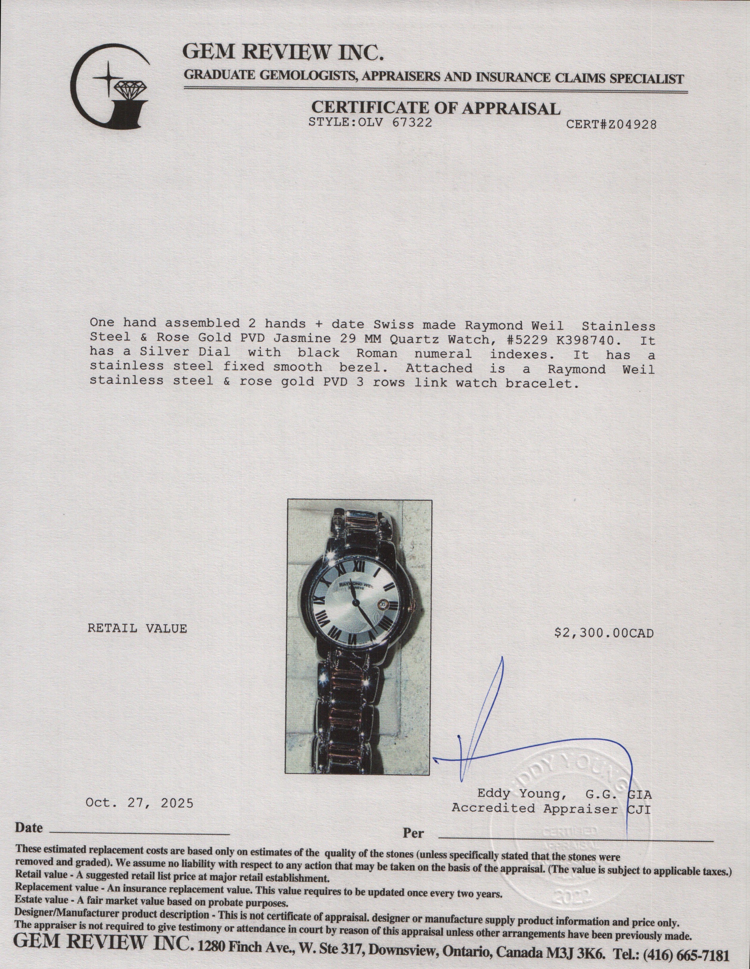 Raymond Weil Stainless Steel & Rose Gold PVD Jasmine 29 MM Quartz Watch Silver Dial 5229 w/ Box & Card