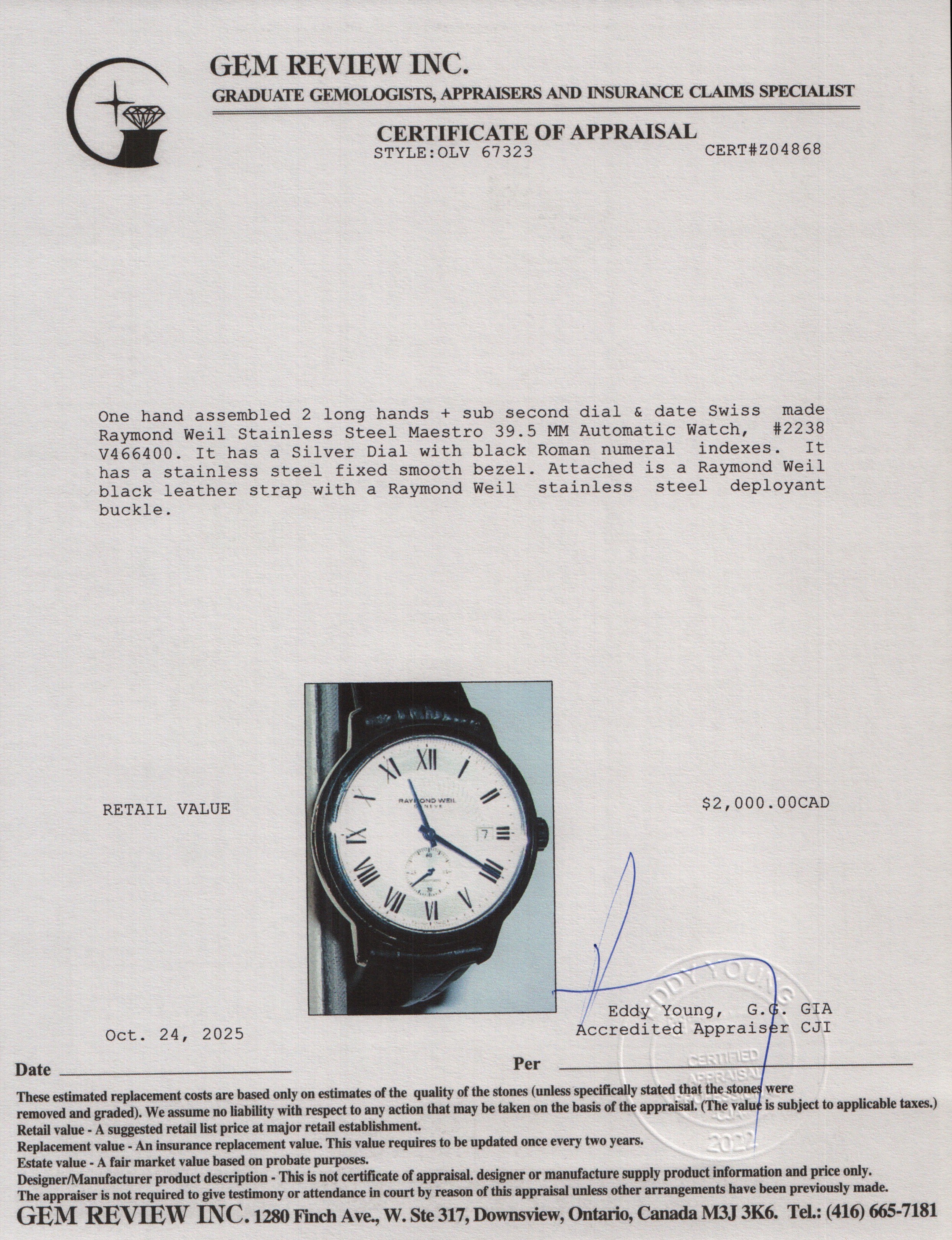 Raymond Weil Stainless Steel Maestro 39.5 MM Automatic Watch Silver Dial 2238 w/ Box