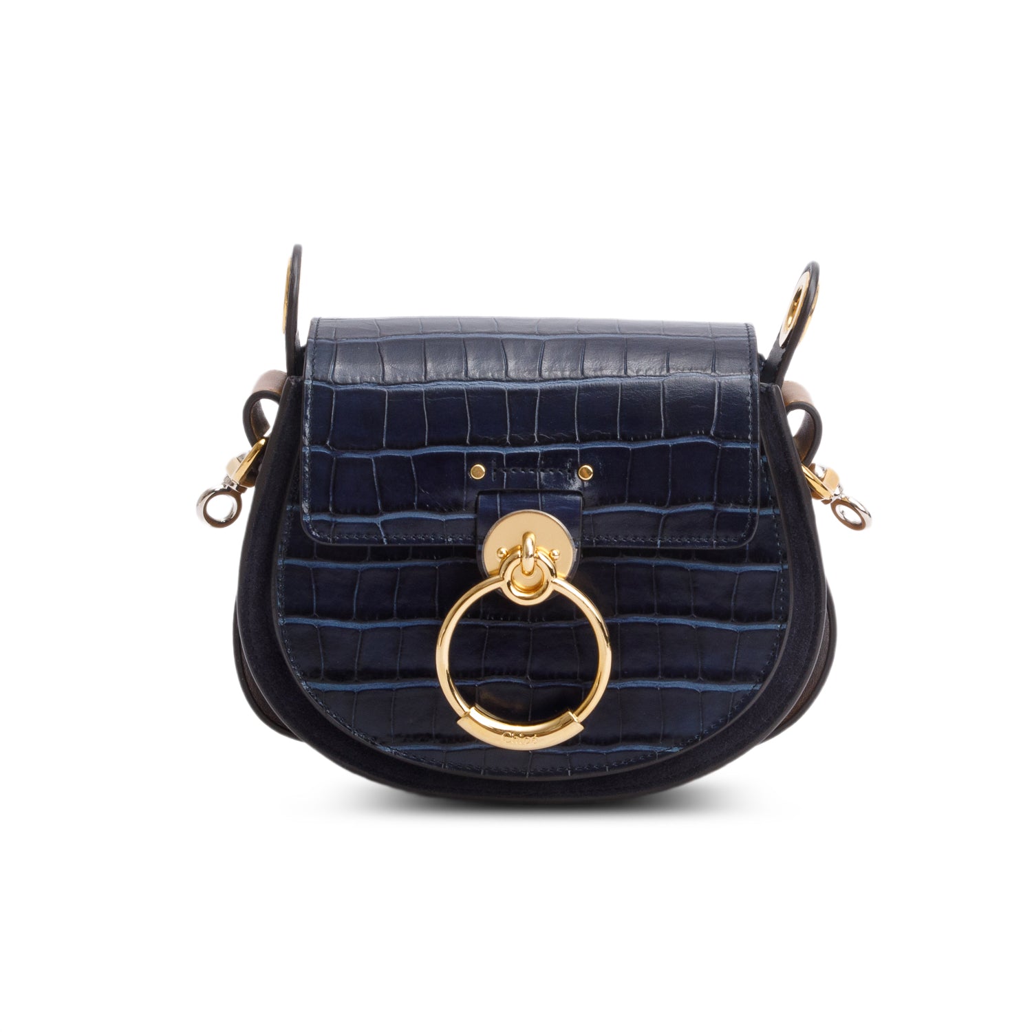 Chloe Navy Calfskin Croc Embossed Small Tess Bag w/ Strap