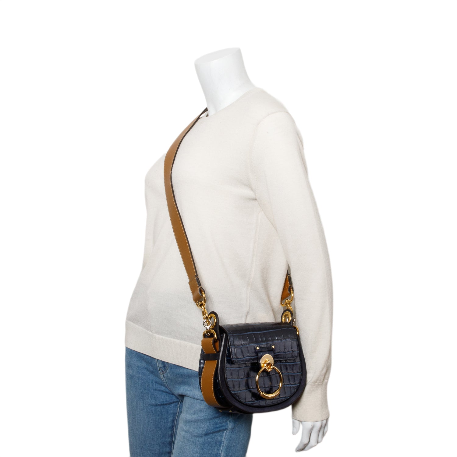 Chloe Navy Calfskin Croc Embossed Small Tess Bag w/ Strap