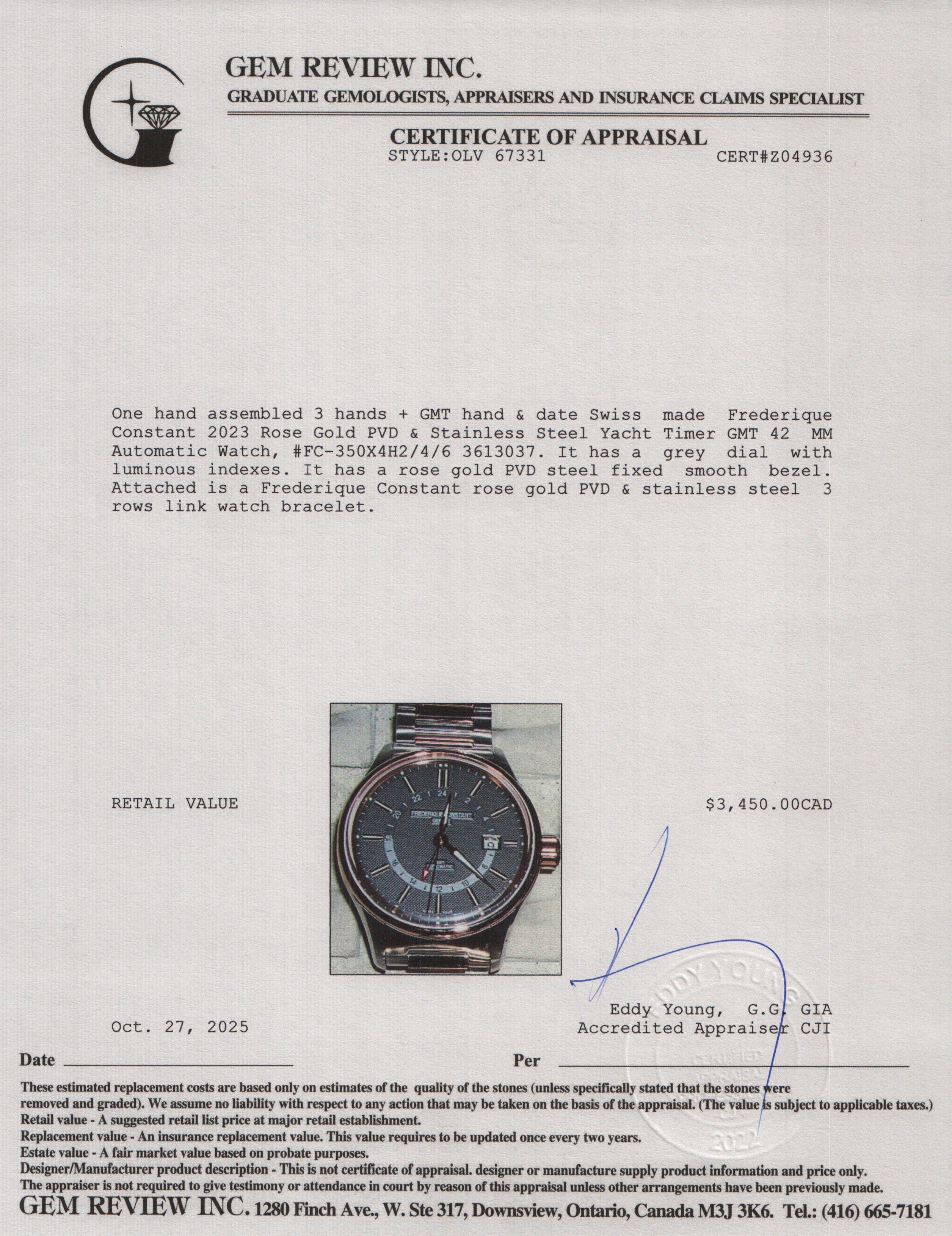 Frederique Constant 2023 Rose Gold PVD & Stainless Steel Yacht Timer GMT 42 MM Automatic Watch Grey Dial w/ Box & Papers