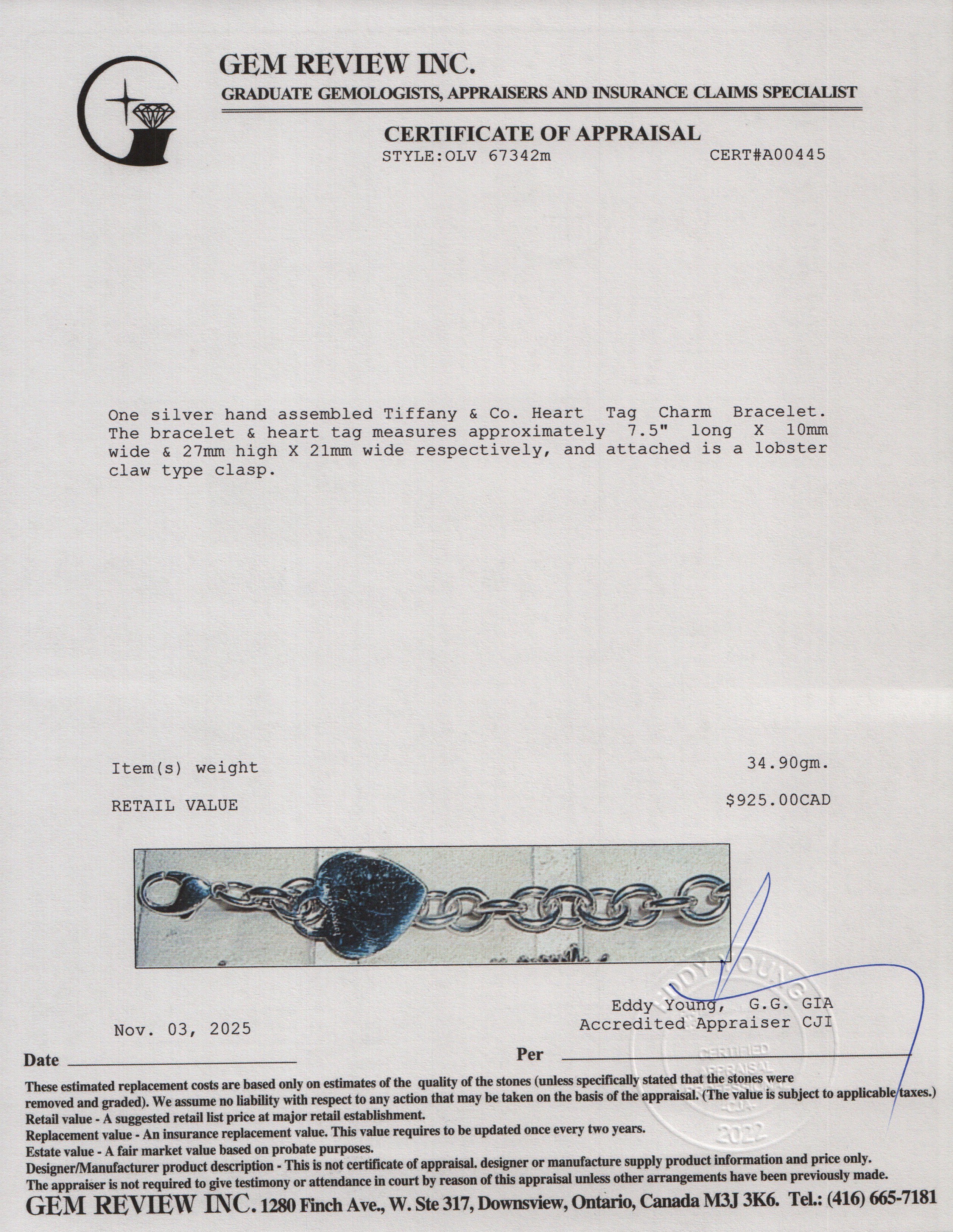 Tiffany & Co. Sterling Silver Heart Tag Charm Bracelet