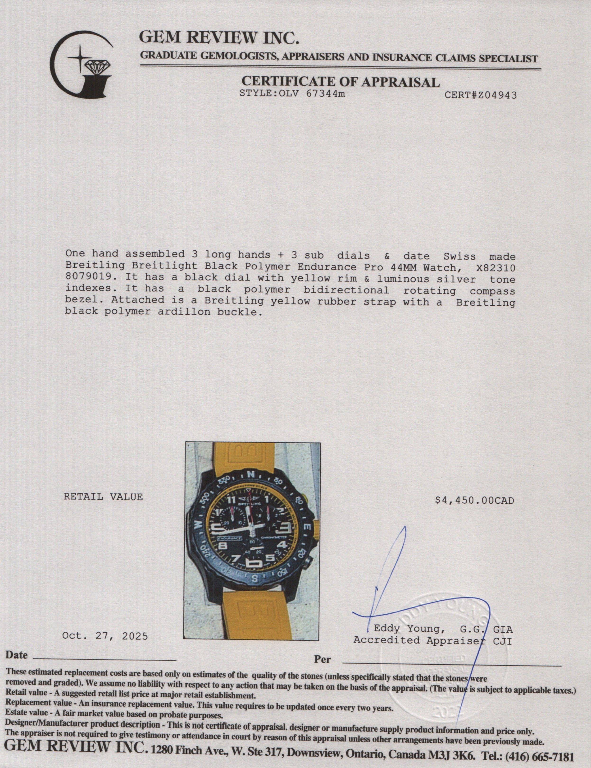 Breitling Breitlight Black Polymer Endurance Pro 44MM Watch Yellow X82310 w/ Box & Papers