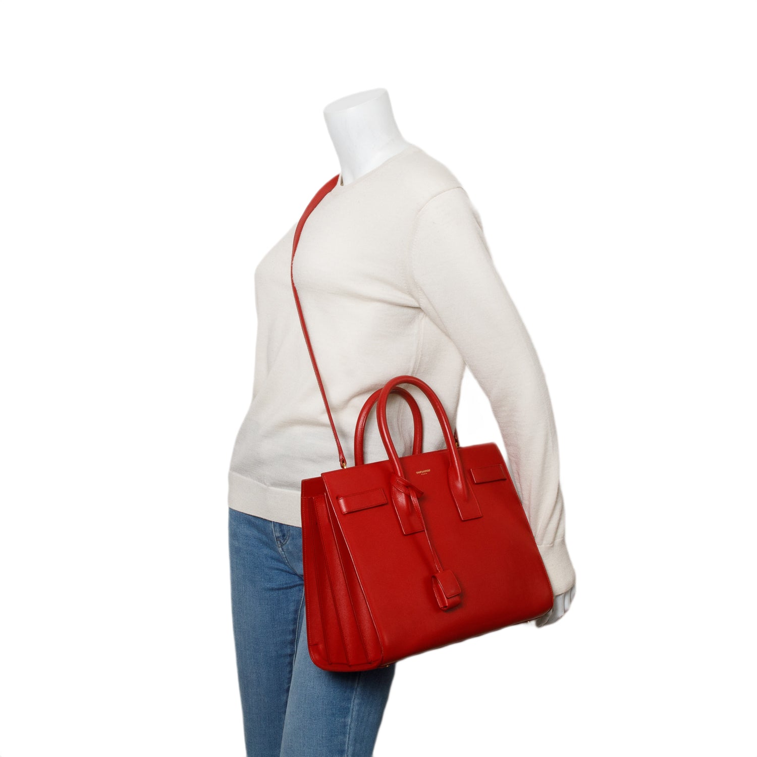 Saint Laurent Red Calfskin Leather Small Sac de Jour w/ Strap