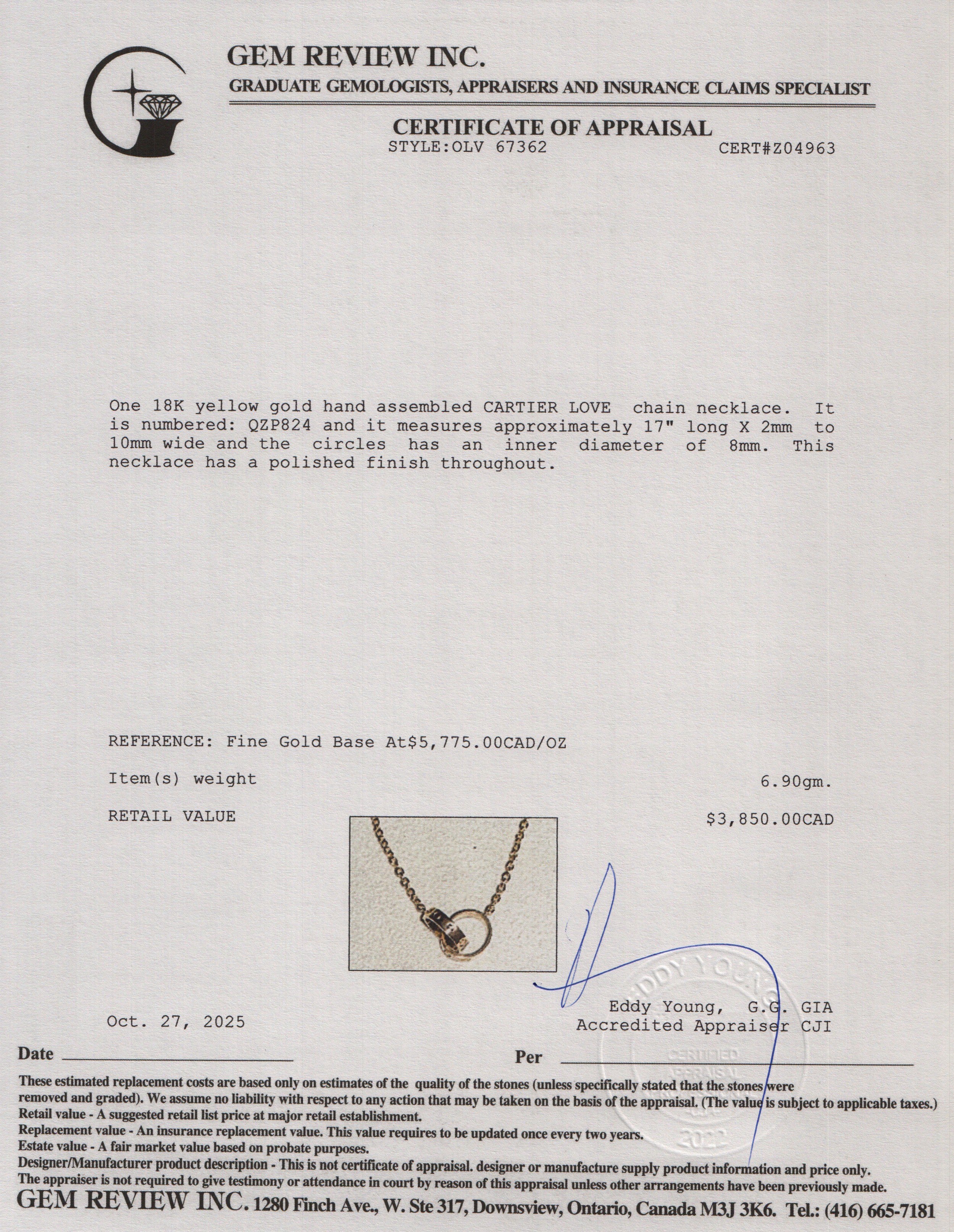 Cartier 2022 18k Yellow Gold Love Necklace w/ Box & Certificate