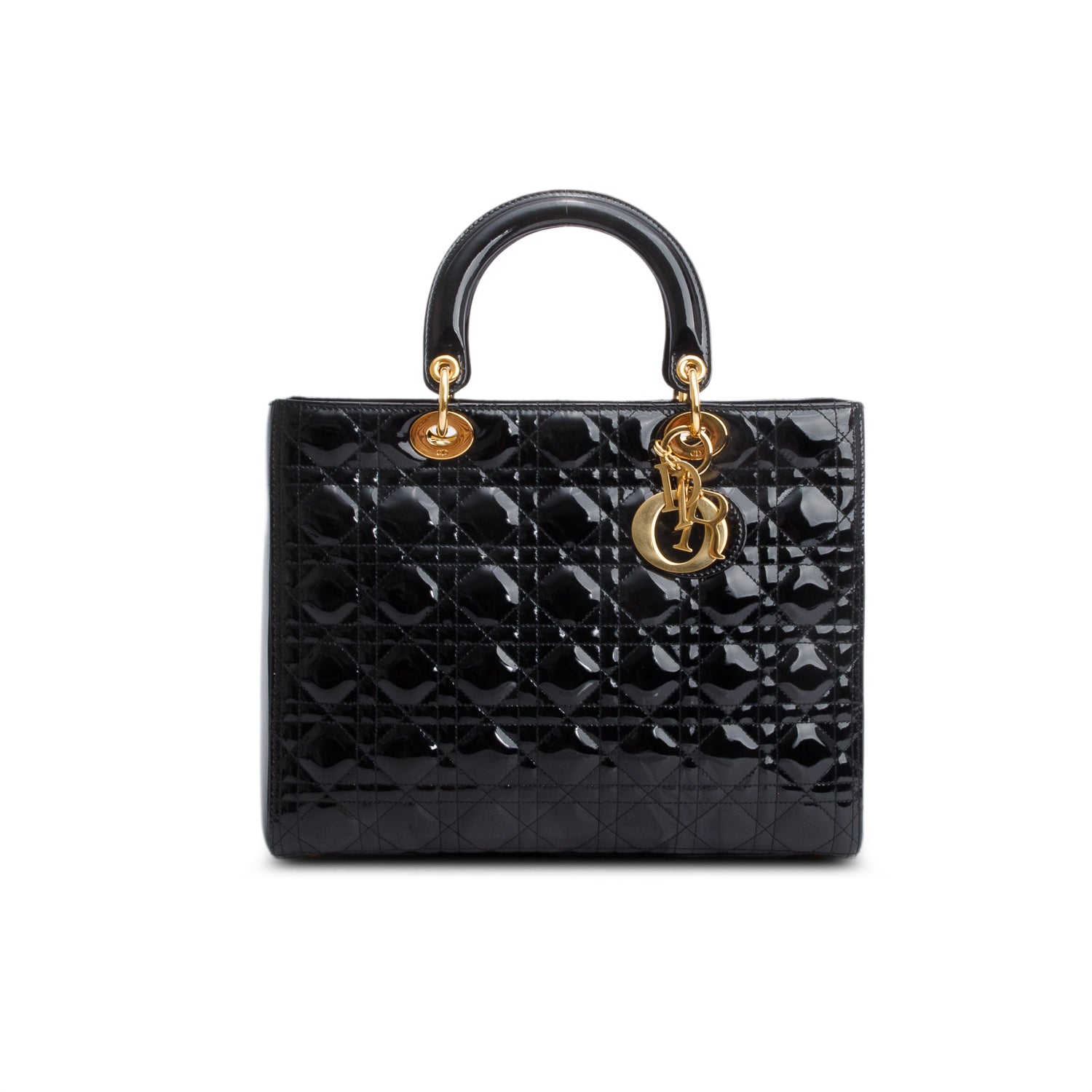 Christian Dior Black Cannage Patent Leather Large Lady Dior w/ Authenticity Card & Strap