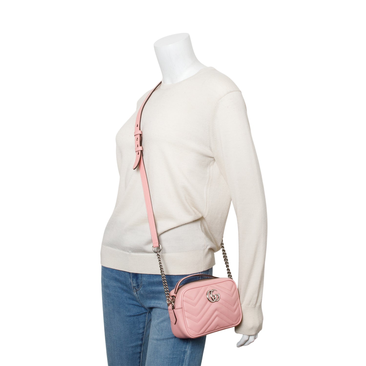 Gucci Pink Calfskin Matelasse Mini GG Marmont Camera Bag w/ Box