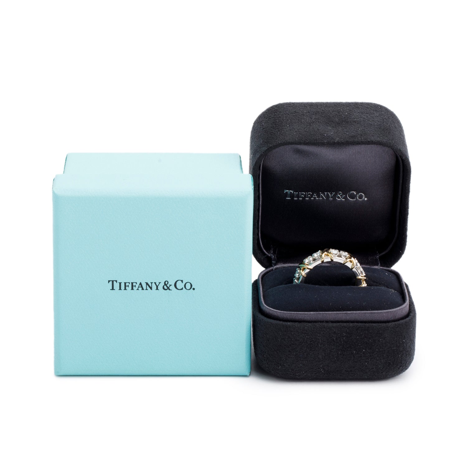 Tiffany & Co. Schlumberger Platinum & 18k Yellow Gold Sixteen Stone Diamond Ring, Size 6.5 w/ Box
