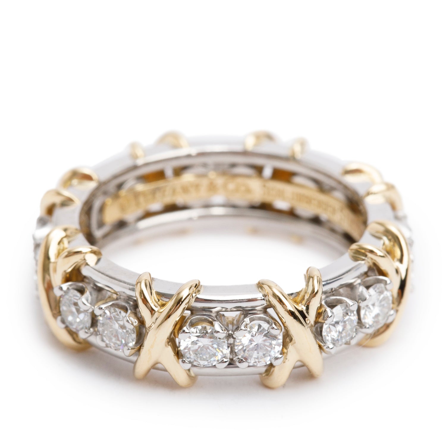 Tiffany & Co. Schlumberger Platinum & 18k Yellow Gold Sixteen Stone Diamond Ring, Size 6.5 w/ Box