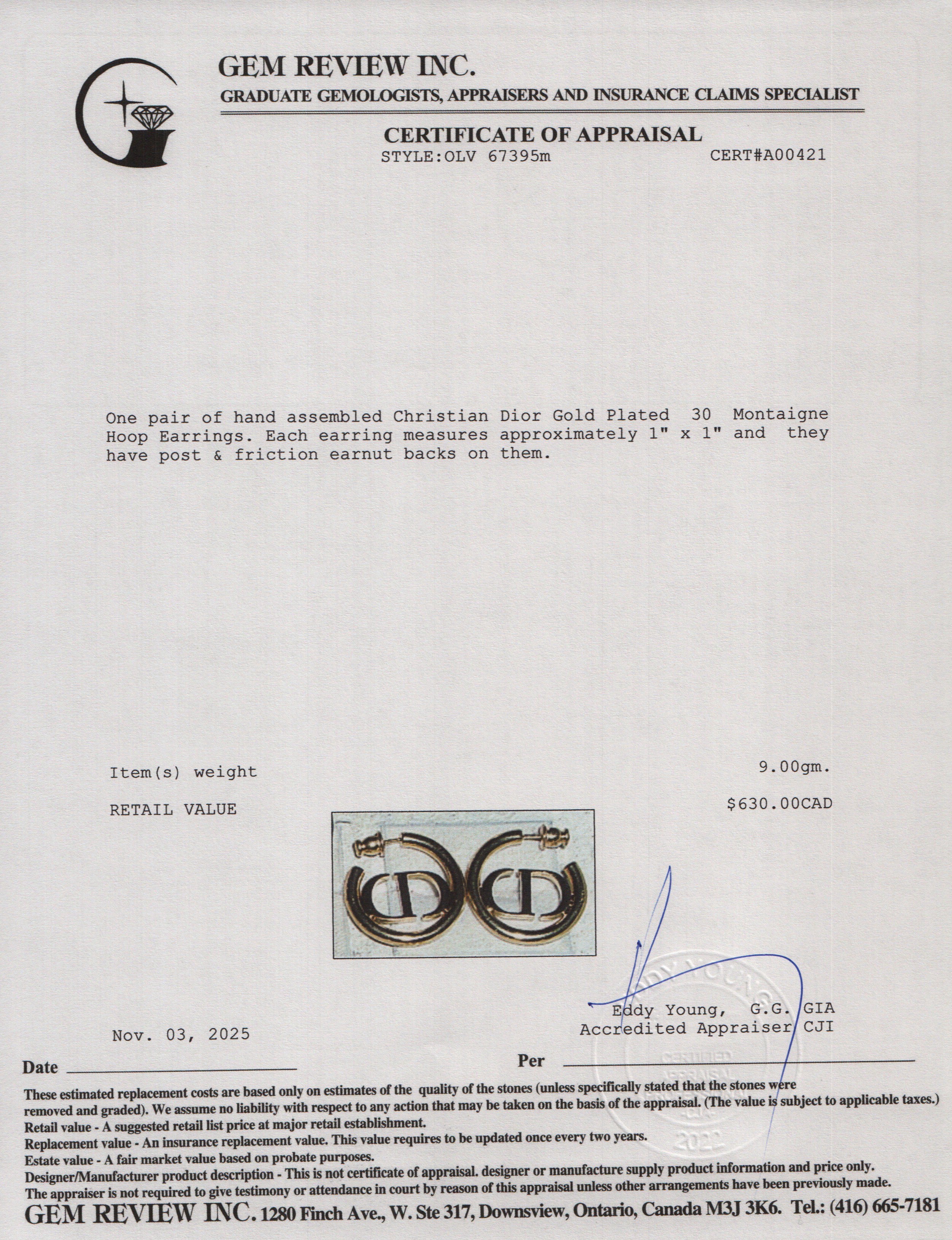 Christian Dior Gold Plated 30 Montaigne Hoop Earrings