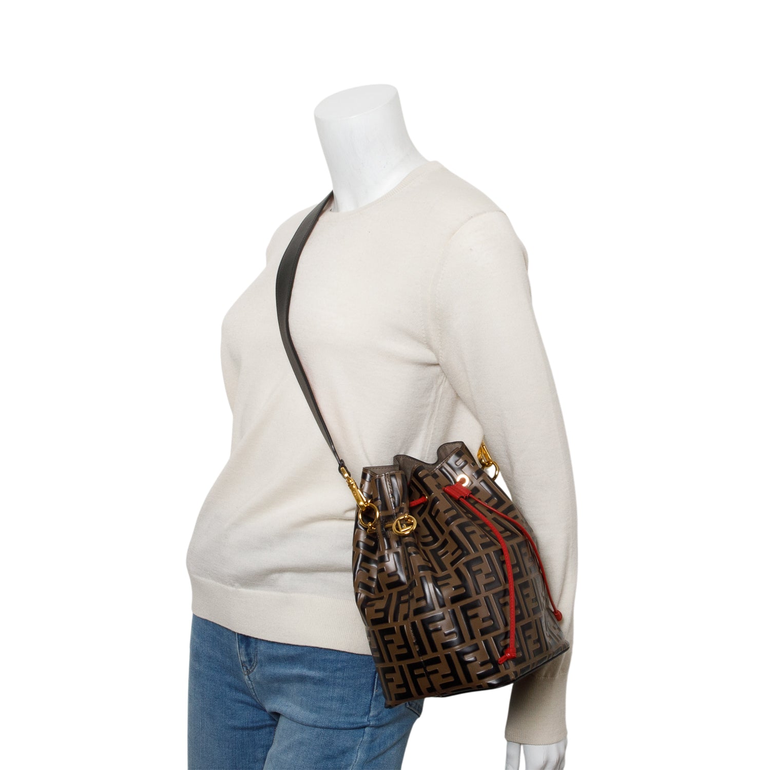 Fendi Brown Vitello Liberty FF 1974 Embossed Small Mon Tresor Bucket Bag w/ Strap