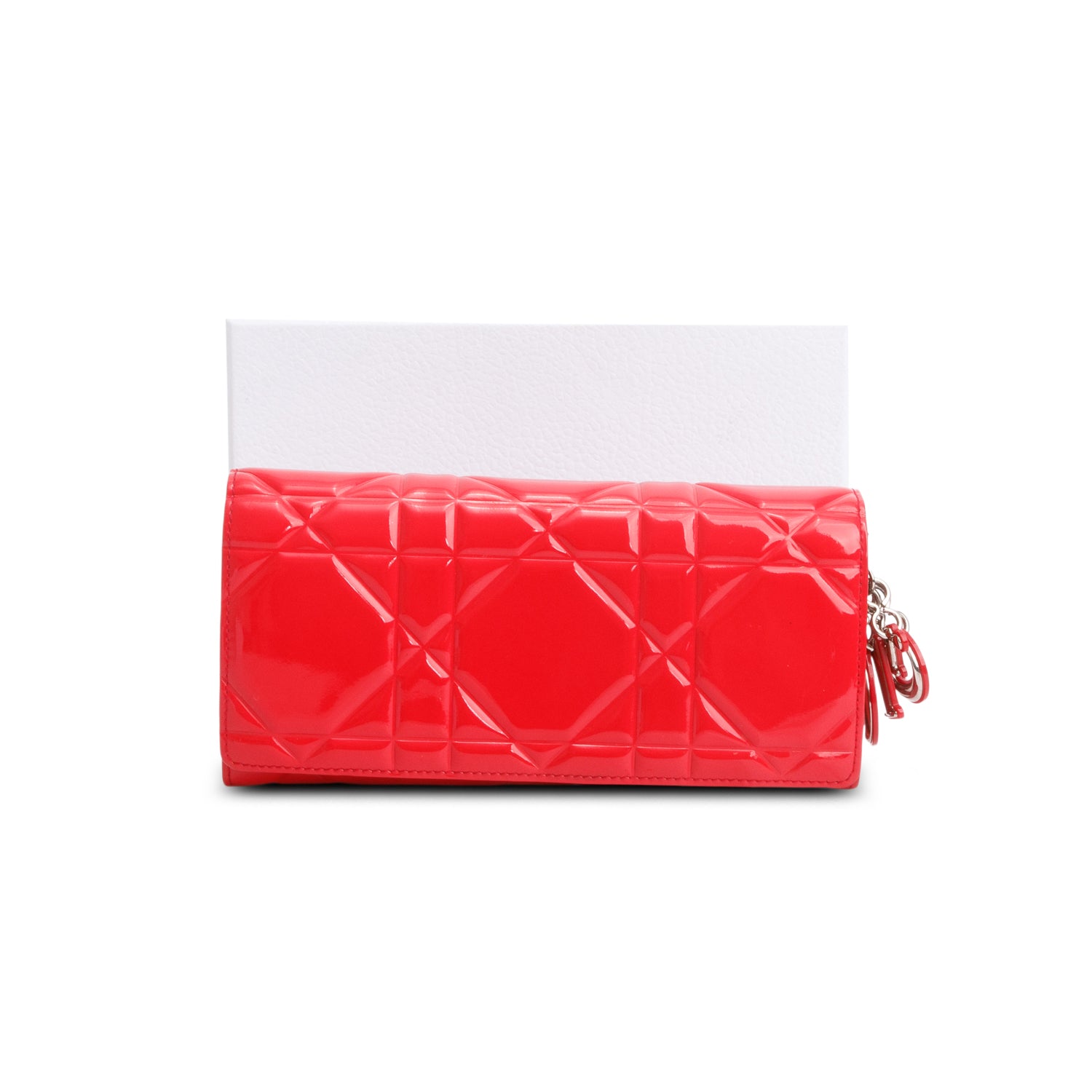 Christian Dior Red Patent Cannage Leather Lady Dior Rendezvous Wallet on Chain w/ Box