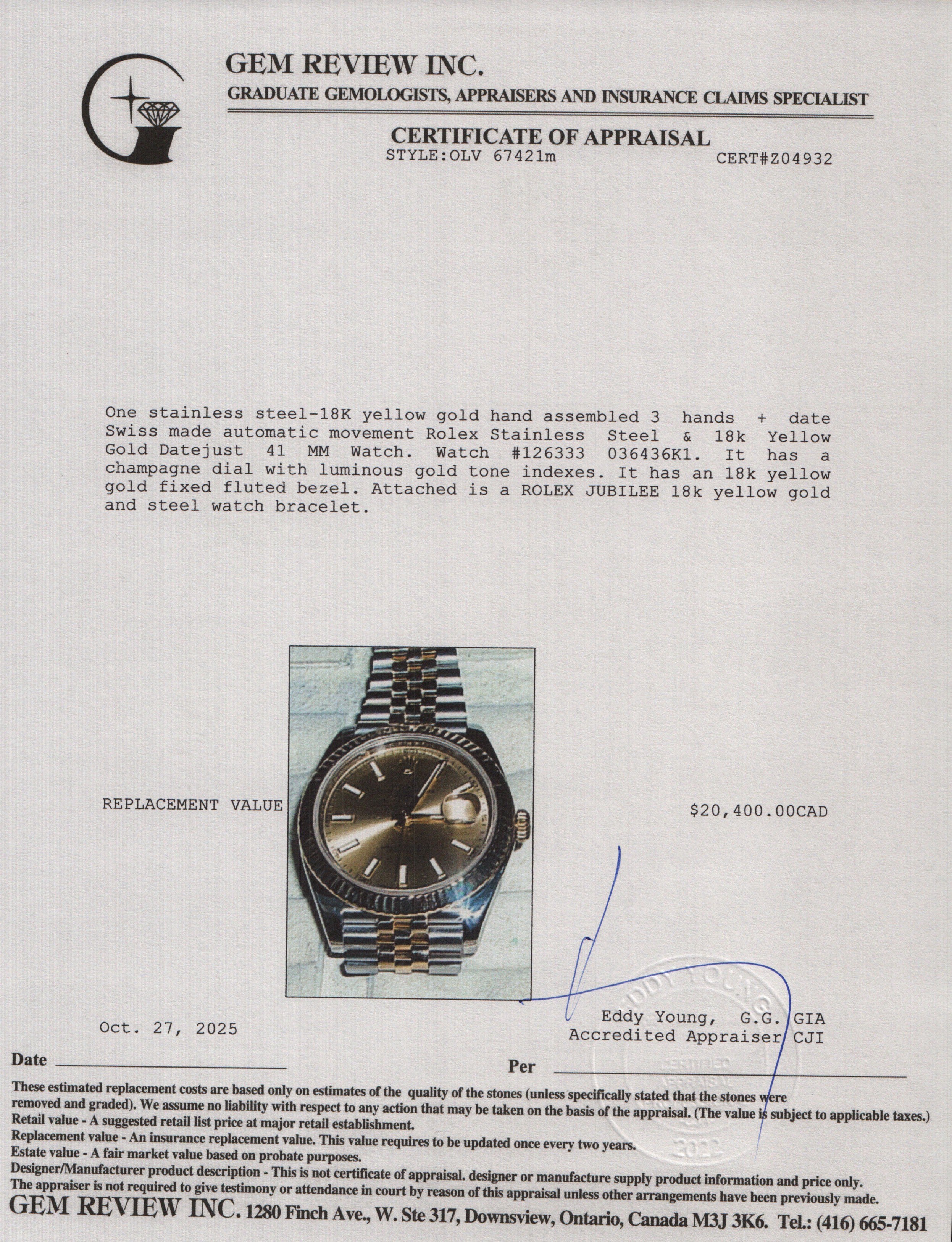 Rolex Stainless Steel & 18k Yellow Gold Datejust 41 MM Automatic Watch 126333 w/ Box