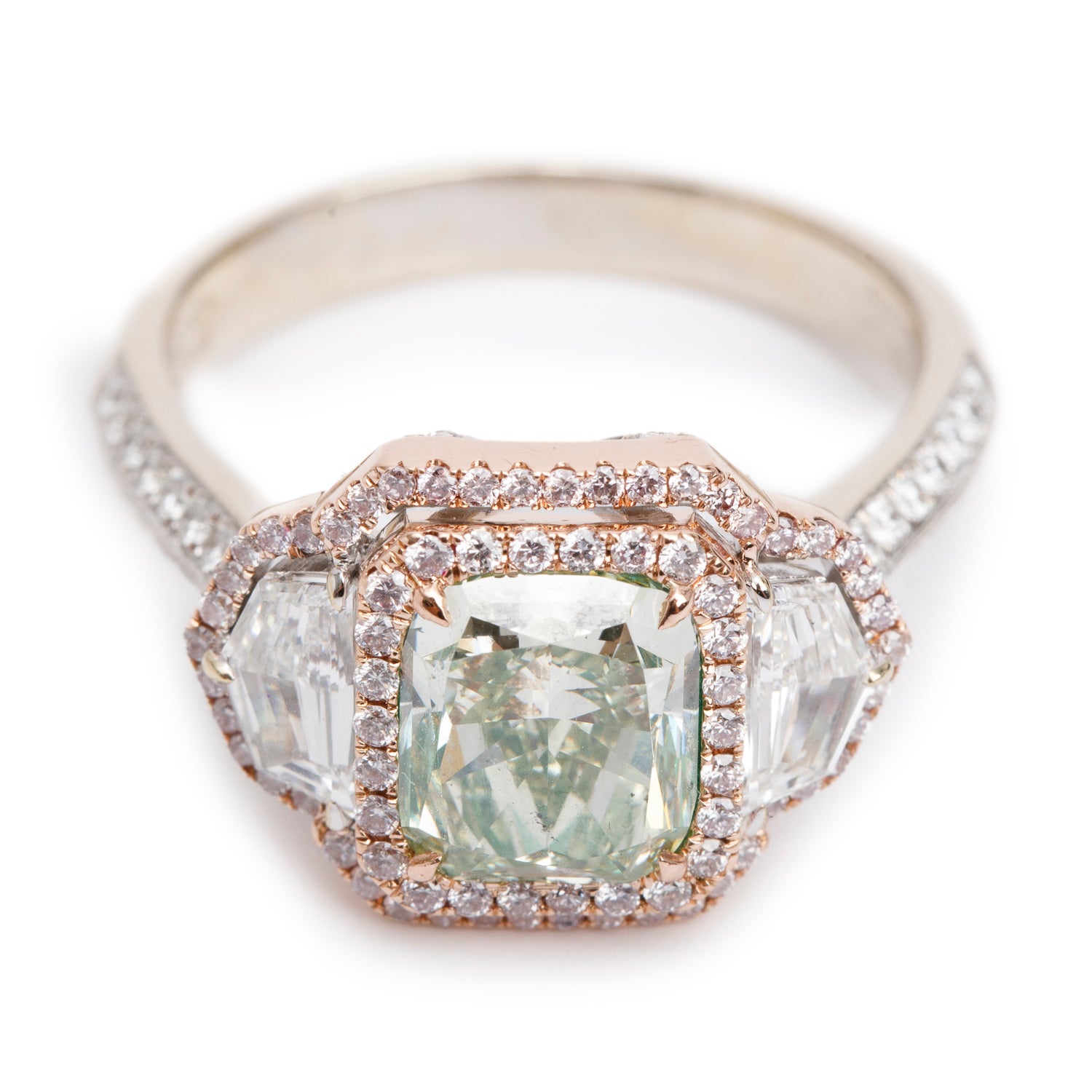 Effy 2023 14k White and Rose Gold 3.02 ct. Cushion Shaped Natural Green Diamond Cocktail Ring, Size 9.25 w/ Box, Receipt & GIA Report