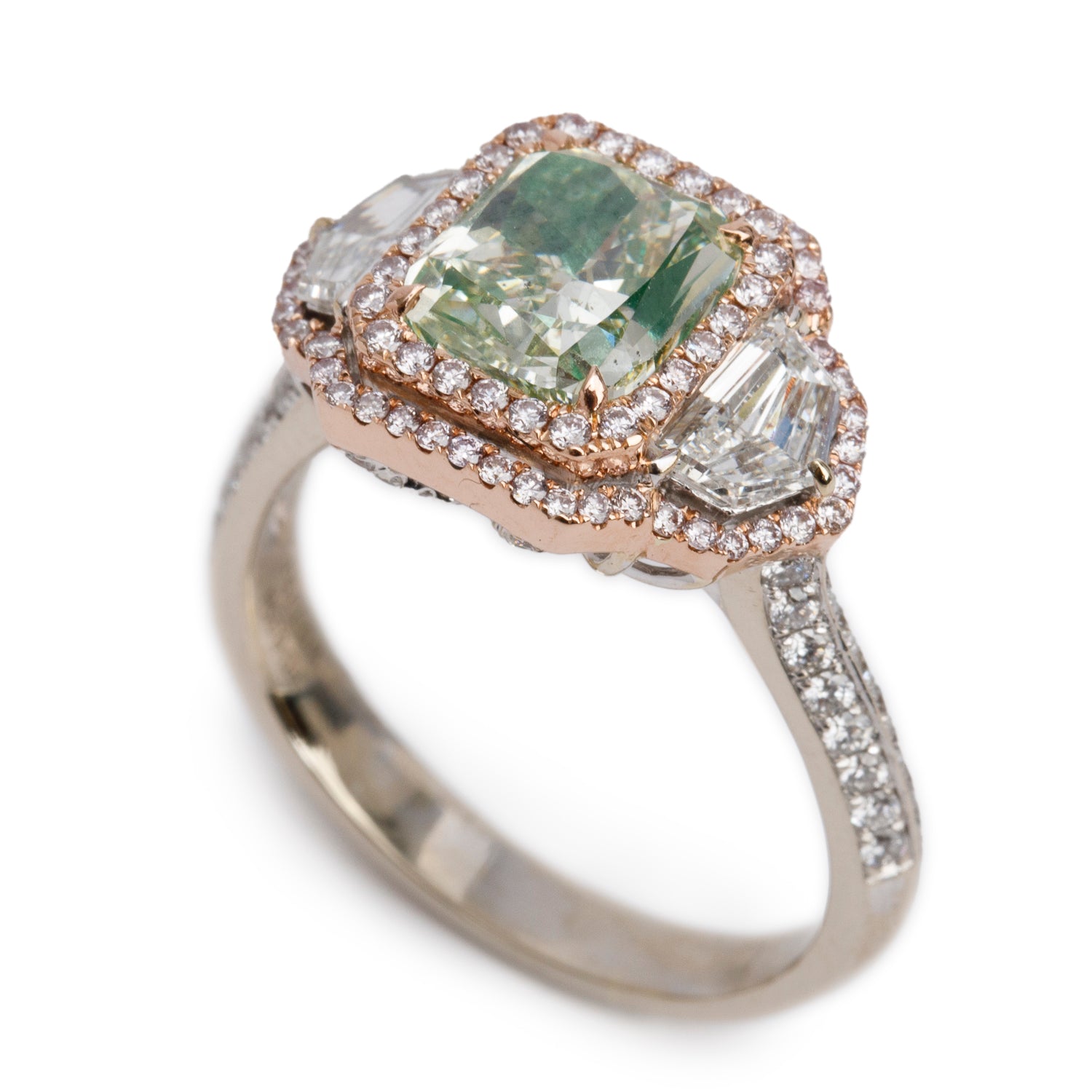Effy 2023 14k White and Rose Gold 3.02 ct. Cushion Shaped Natural Green Diamond Cocktail Ring, Size 9.25 w/ Box, Receipt & GIA Report