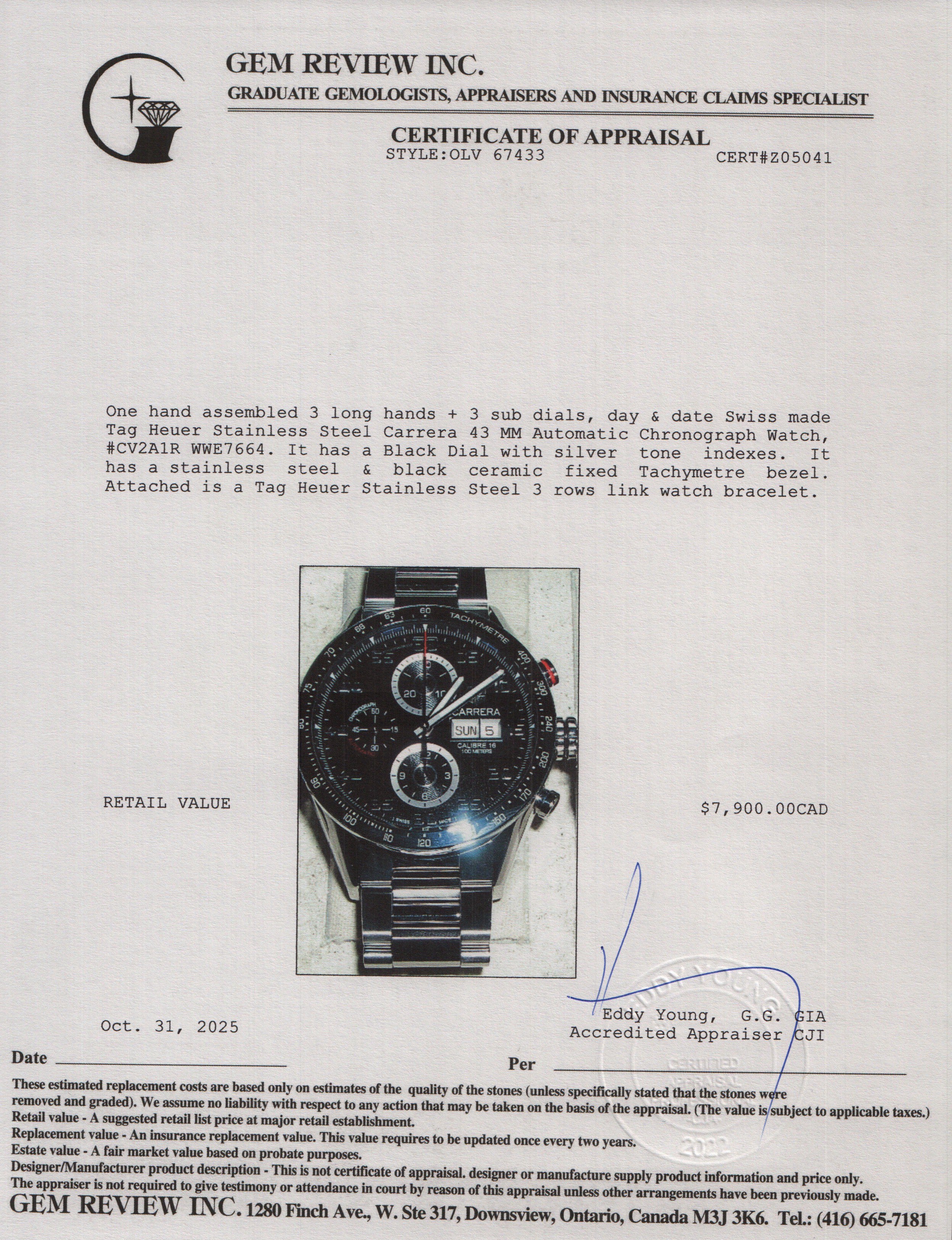 Tag Heuer Stainless Steel Carrera 43 MM Automatic Chronograph Watch Black Dial CV2A1R w/ Box & Papers