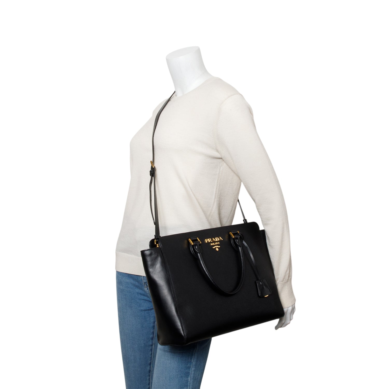 Prada Black Saffiano Soft Calf Leather Medium Tote w/ Strap & Authenticity Card