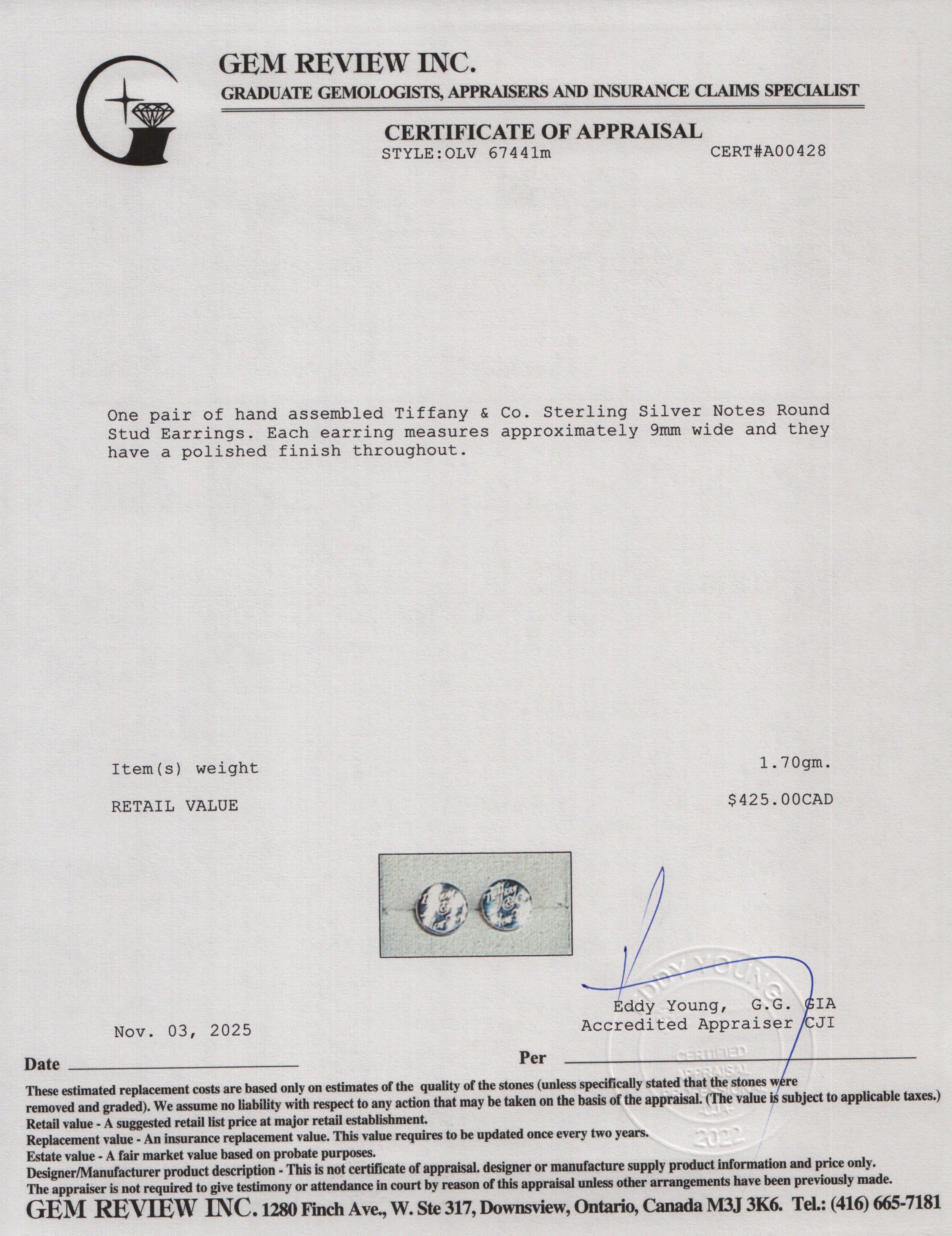 Tiffany & Co. Sterling Silver Notes Round Stud Earrings, 9 MM