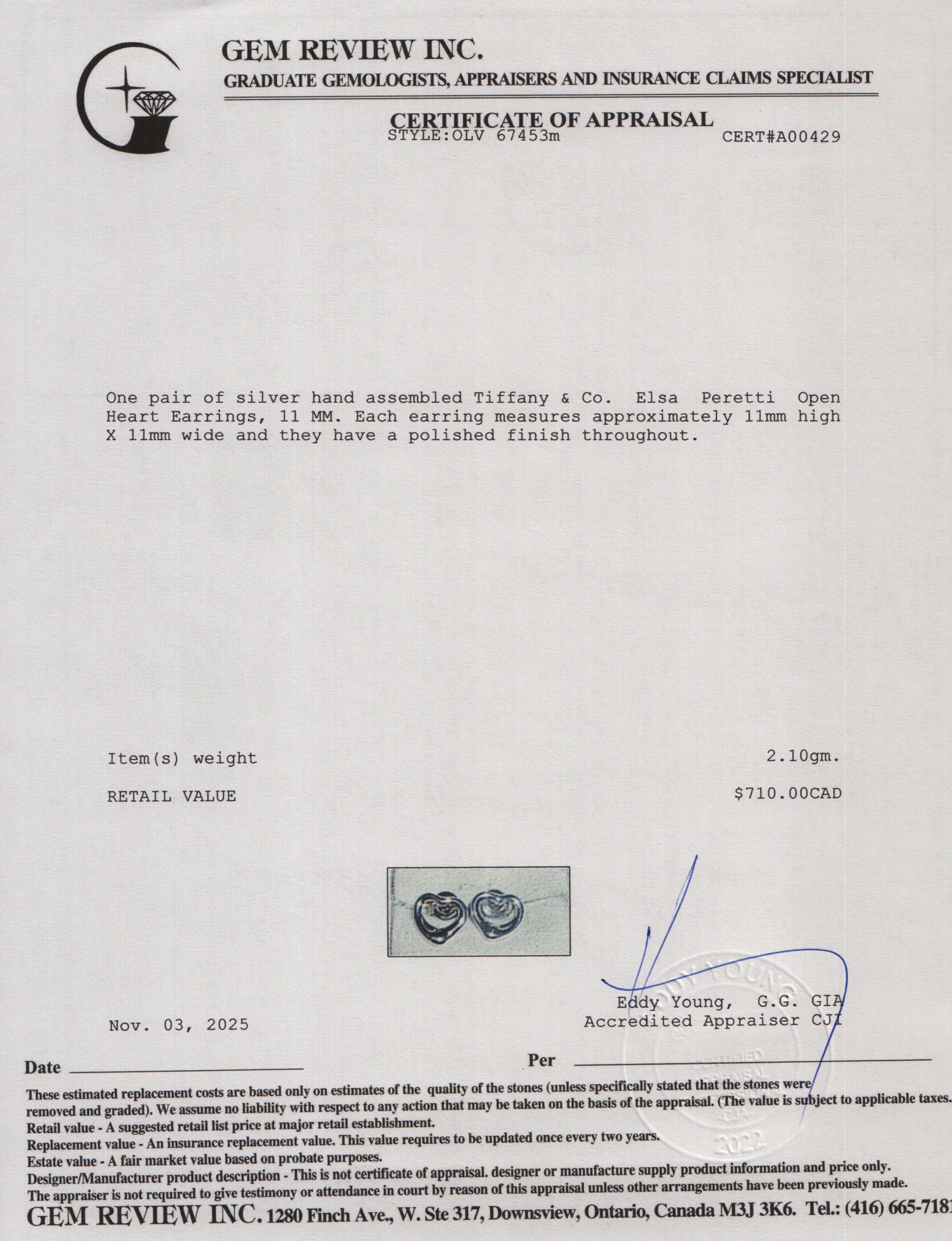 Tiffany & Co. Elsa Peretti Sterling Silver Open Heart Earrings, 11 MM