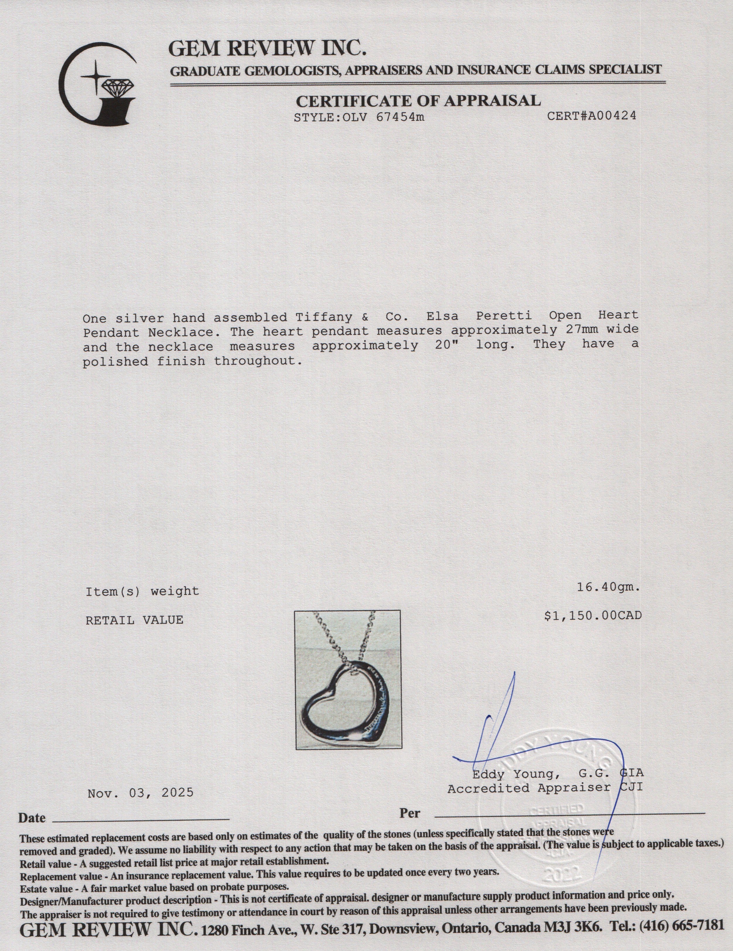Tiffany & Co. Elsa Peretti Sterling Silver Open Heart Pendant Necklace, 27 MM