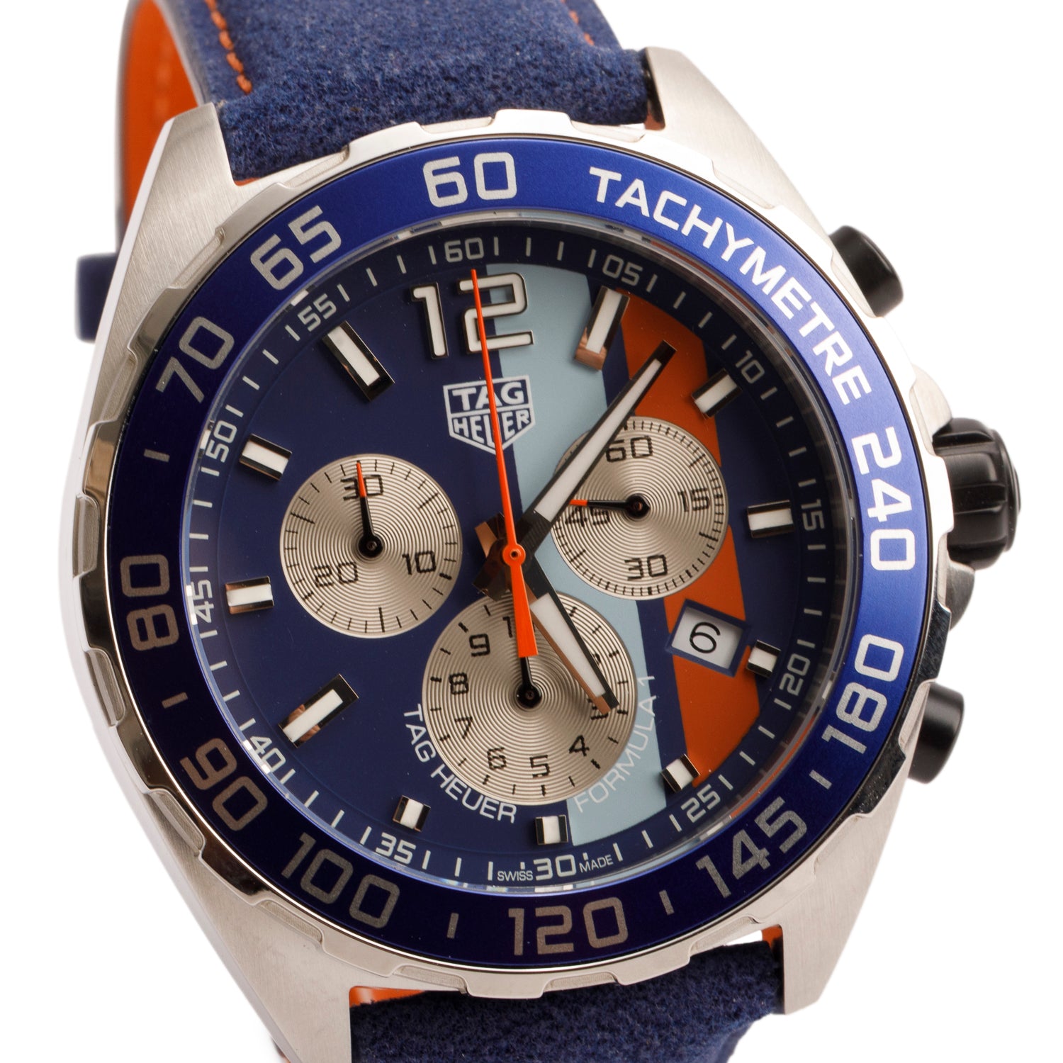 Tag Heuer Stainless Steel Gulf Formula 1 43 MM Quartz Chronograph Watch Blue Dial CAZ101N w/ Box & Papers